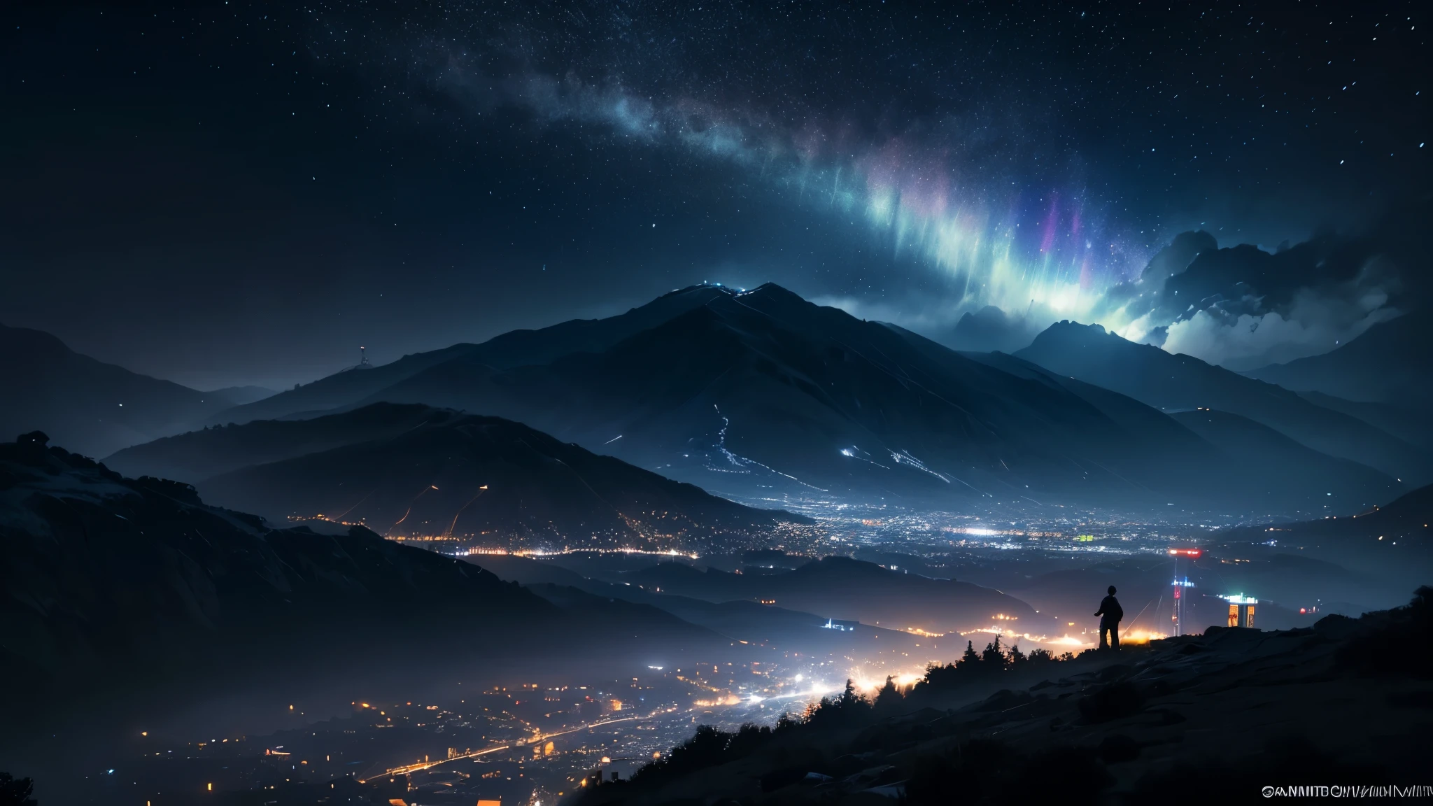 Créer une image sombre d'une nuit avec une pluie de gouttelettes LED qui éclaire l'environnement