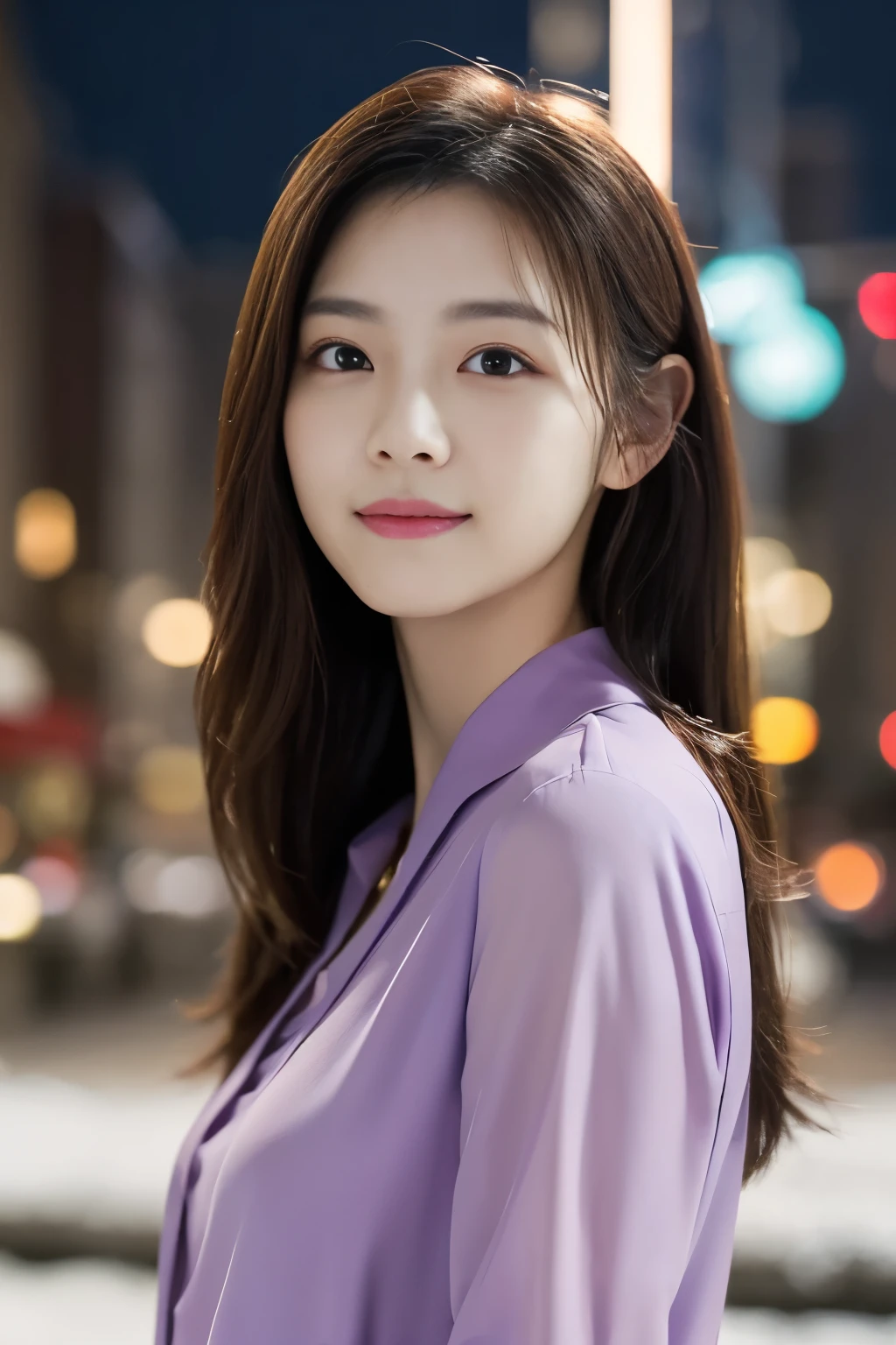 1 girl, (Wearing a purple blouse:1.2), Beautiful Japan actress,
(RAW photo, highest quality), (realistic, Photoreal:1.4), masterpiece, 
very delicate and beautiful, very detailed, 2k wallpaper, wonderful, 
finely, very detailed CG Unity 8K 壁紙, Super detailed, High resolution, 
soft light, beautiful detailed girl, very detailed目と顔, beautifully detailed nose, beautiful and detailed eyes, cinematic lighting, 
break
(Against the backdrop of a snowy night cityscape 1.3), city lights, 
perfect anatomy, slender body, smile, Face the front completely, look at the camera