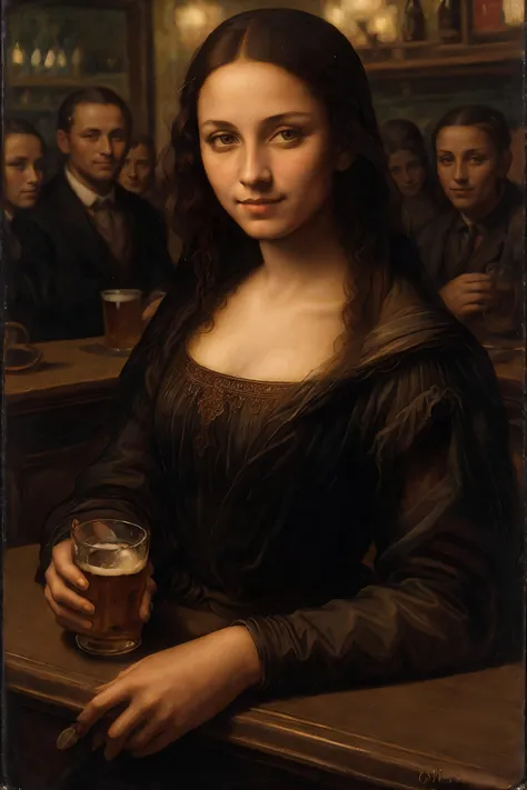 a painting of a woman holding a beer glass in a bar