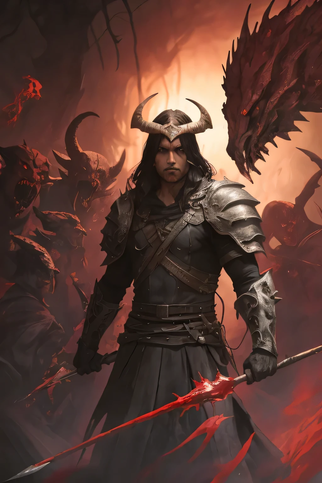 a close-up of a person holding a spear in front of a bunch of demonic creatures, with sheets of blood behind, 3 rd person action adventure rpg, sombreamento, foto de perfil discordante