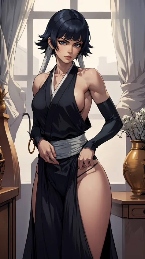 (masterpiece:1.2, best quality:1.2, beautiful, high quality, highres:1.1), detailed, extremely detailed 4K, perfect eyes, perfect face, perfect lighting, (1girl, solo, adult female, mature female), thin, lithe body, Soi Fon, (big breasts), ((sensual seduct...