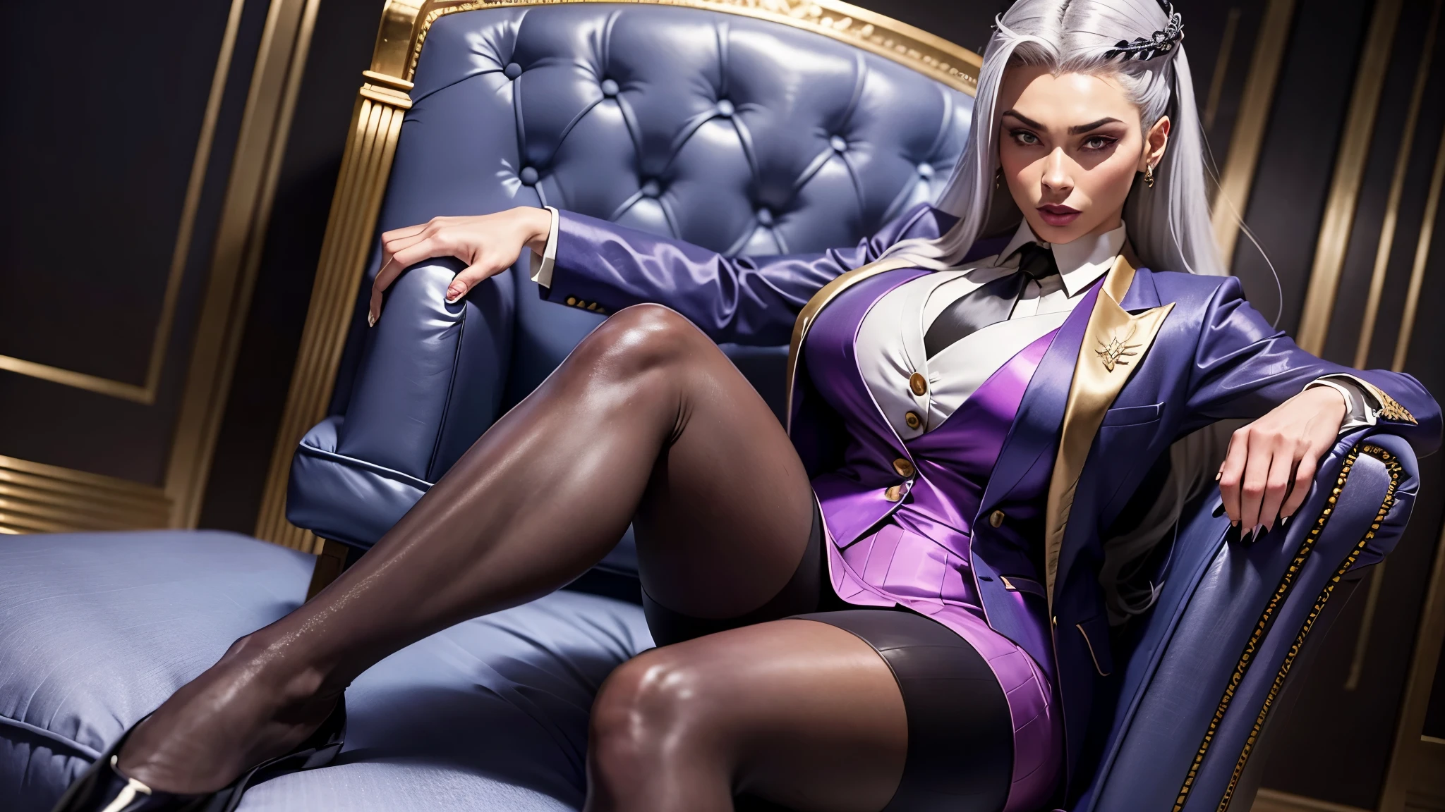 1 woman, SFV, perfect lighting, busty, gray hair, Sindel's Hair, long hair pulled back, Long, straight hair at the back, multicolored hair, Sindel, 8K, perfect hands, ((masterpiece)), black suit with skirt, satin suit and tie, (((three piece suit))), silk shirt, Shirt and tie, Silk tie, ((blazer)), open jacket, ((Vest)), Fitted miniskirt, tights, pocket square, Tie clip, | | micro vestido, mother, sitting on the throne, queen, empress, crossed feet, upper class, a sneer, disgust