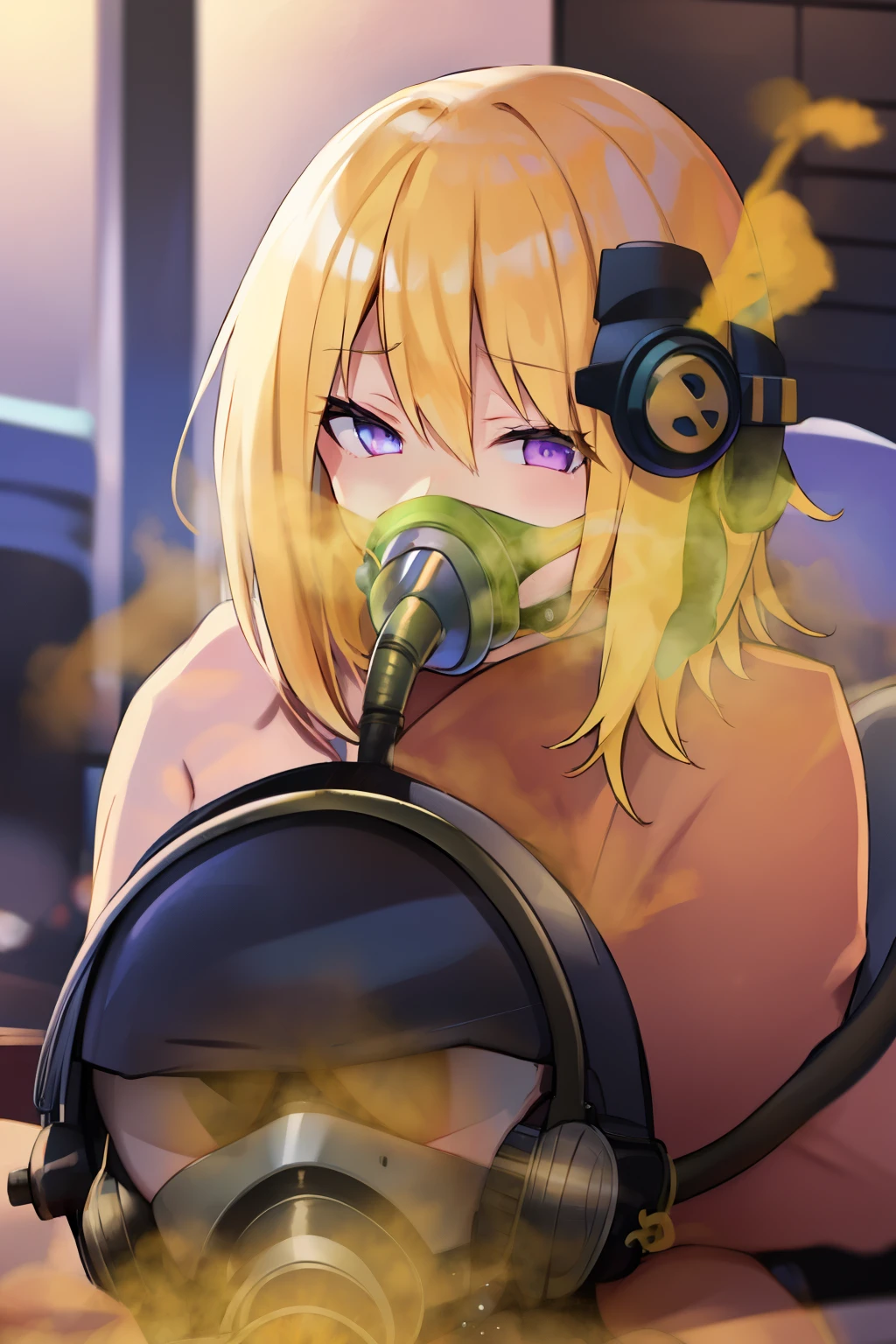 Anime girl with gas mask and headphones sitting on a couch - SeaArt AI