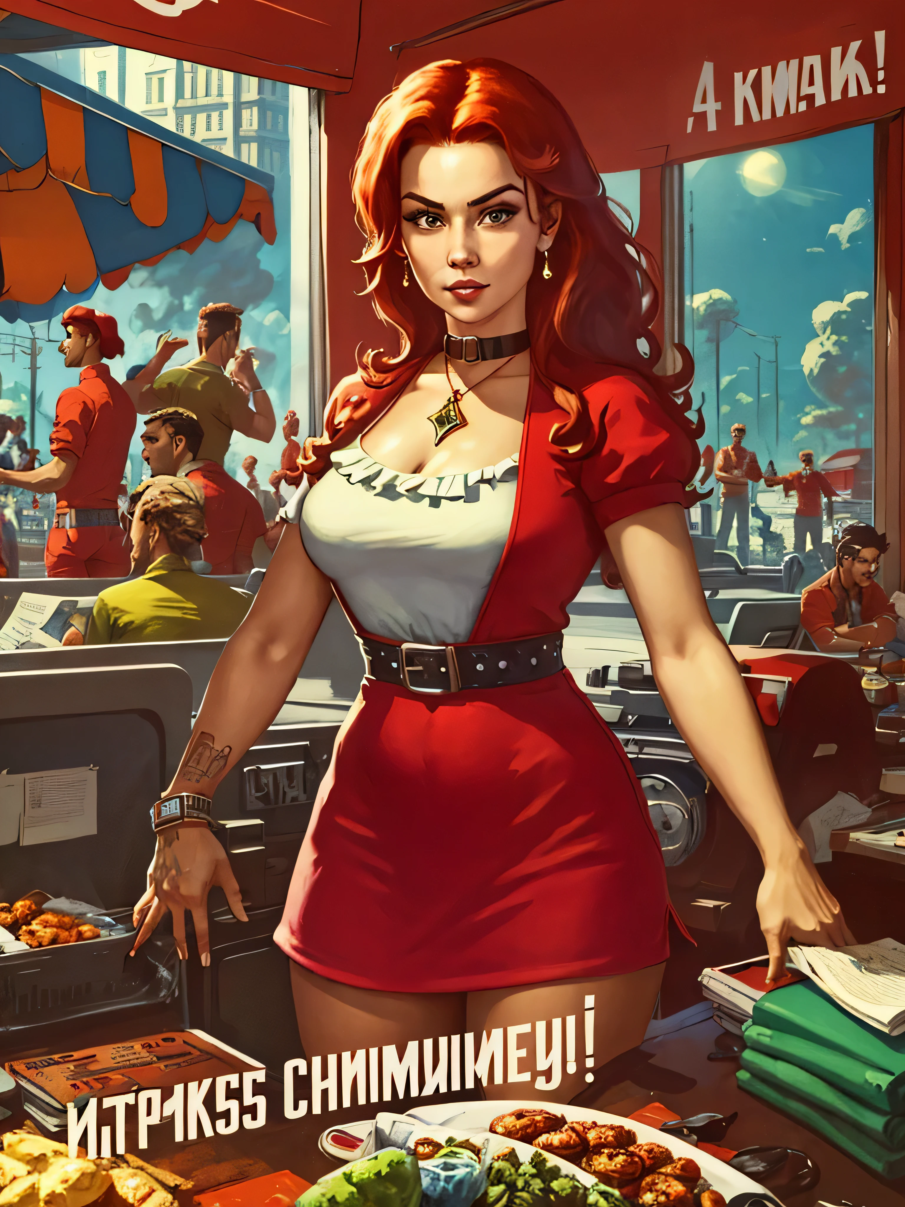 official art, unity 8k wallpaper, ultra detailed, aesthetically pleasing, High quality, masterpiece, best quality, a girl ( beautiful girl) in red black shirts standing in a crowd, music video, Mexcican mafia, gang members, rapping, gangs, hip-hop, hip - hop, street gang, thug life, gang, lowrider life style, gansters glamorous and sexy, red hair, beautiful face, green eyes, sexy pose, best quality beautiful face