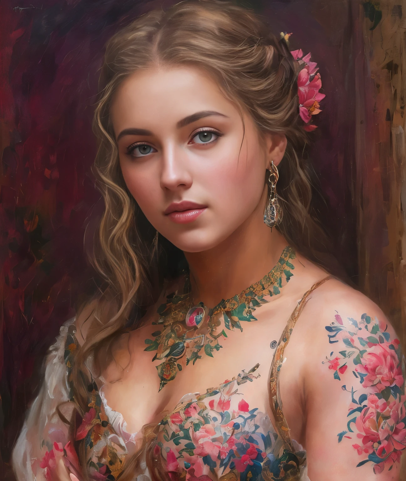 chef-d&#39;œuvre, Portrait du haut du corps, fille, tatouages, Moyen-âge, habits traditionnels, classicisme, style Andreï Atrochenko, Peinture, Médias traditionnels, Réaliste, figuratif, beaux-arts, huile sur toile, HDR, 8k, Caractère original, haute résolution, Détails élevés, se concentrer sur le visage, complexe, impeccable