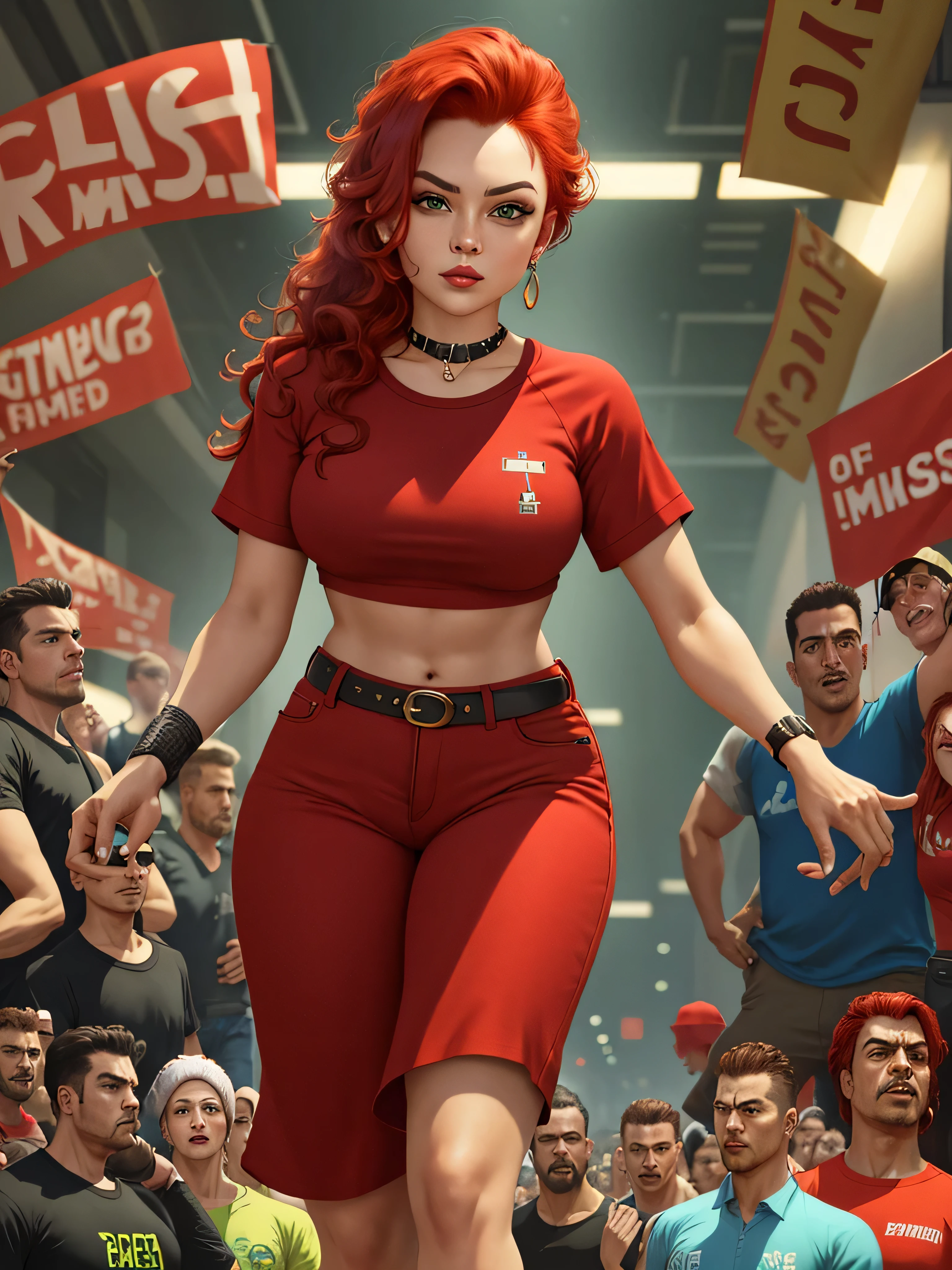 official art, unity 8k wallpaper, ultra detailed, aesthetically pleasing, High quality, masterpiece, best quality, a girl ( beautiful girl) in red black shirts standing in a crowd, music video, Mexcican mafia, gang members, rapping, gangs, hip-hop, hip - hop, street gang, thug life, gang, lowrider life style, gansters glamorous and sexy, red hair, beautiful face, green eyes, sexy pose, best quality beautiful face