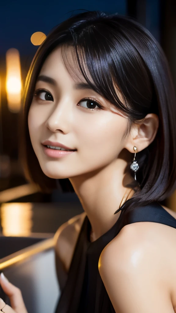 Highly detailed CG Unity 8K wallpaper, highest quality, super detailed, look at the camera:1.2, light shines on your face:1.5, professional lighting,
26 years old, woman, Japanese, hairstyle: short bob, hair color: deep brown, contour: elegant and sharp, Eyebrow: thin and natural, eye: Beautiful and big double eyelids, nose: small and upward, mouth: elegant and elegant smile, clothing: Silk Elegant Dresses, Glamorous jewelry, skin: Smooth and clear skin,
situation: On the terrace of the restaurant with a beautiful night view、Enjoying an elegant dinner
