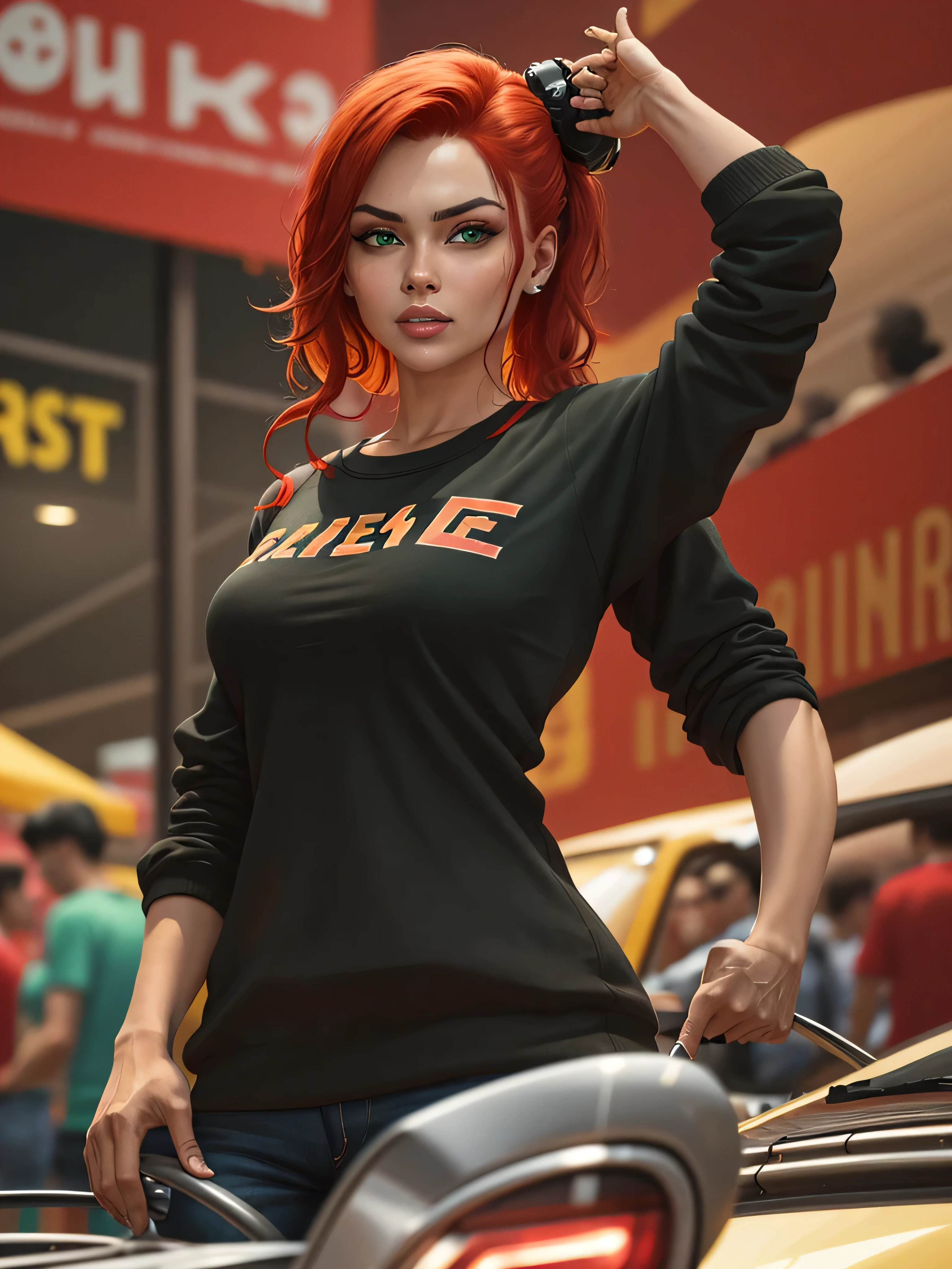 official art, unity 8k wallpaper, ultra detailed, aesthetically pleasing, High quality, masterpiece, best quality, a girl ( beautiful girl) in red-black shirts standing in a crowd, music video, Mexcican mafia, gang members, rapping, gangs, hip-hop, hip - hop, street gang, thug life, gang, lowrider life style, gansters glamorous and sexy, red hair, beautiful face, green eyes, sexy pose, best quality beautiful face