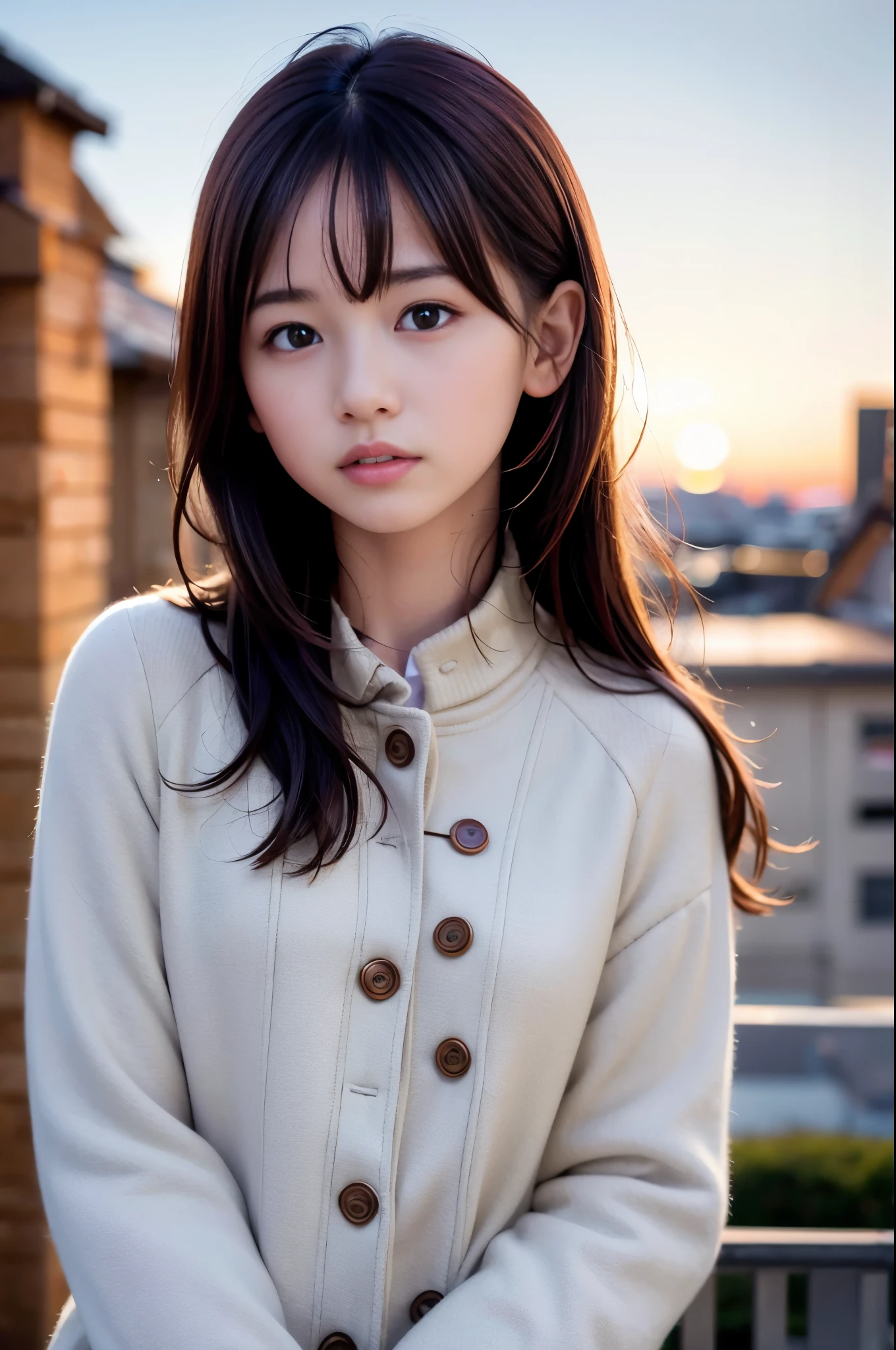  (8K, RAW photo, highest quality, masterpiece:1.3), (realistic, photo-realistic:1.4), (Highly detailed 8K wallpaper), sharp focus, Depth of written boundary,
 japanese idol,very cute, baby face,(coat:1.3),(long hair :1.3), Upper body, highly detailed face and eyes,((shiny skin:1.2)), cinematic lighting, soft light, blur background, (A city with historical landmarks, such as a castle or a cathedral)