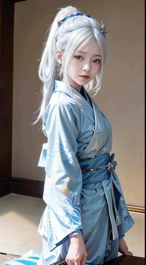 a beautiful girl with white hair and blue eyes、stand dressed as a japan samurai。her white hair blows in the wind、blue eyes have ...