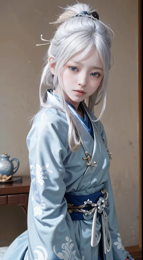 a beautiful girl with white hair and blue eyes、stand dressed as a japan samurai。her white hair blows in the wind、blue eyes have ...