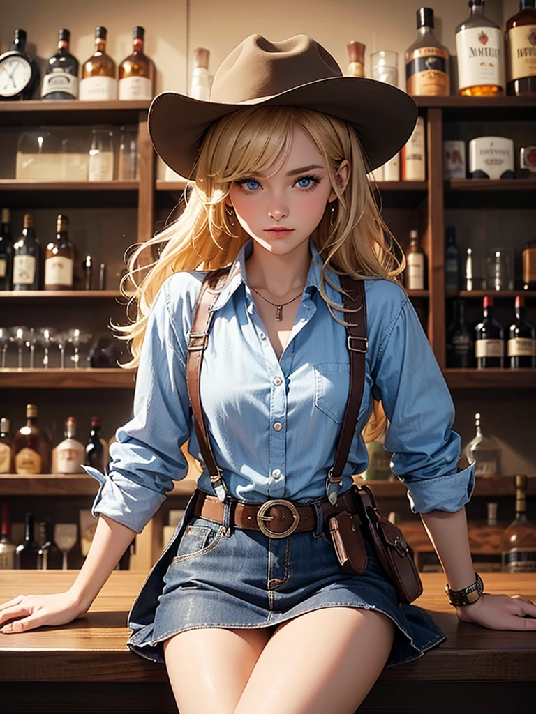 masterpiece, Best quality, Maximum Resolution, high definition, 8K super detailed with cracks, Cowgirl, beautiful blonde woman with blue eyes looking at the viewer, flannel shirt rolled up with red and black checkered patterns, button undone, suspenders, tight short skirt cowboy, revolver holster with revolver, belt with buckles, buckle, colt 45 old west revolver, brown cowboy hat, cowboy boots, sitting on top of the bar, inside the bar, panties, bartender girl with a small glass of whiskey