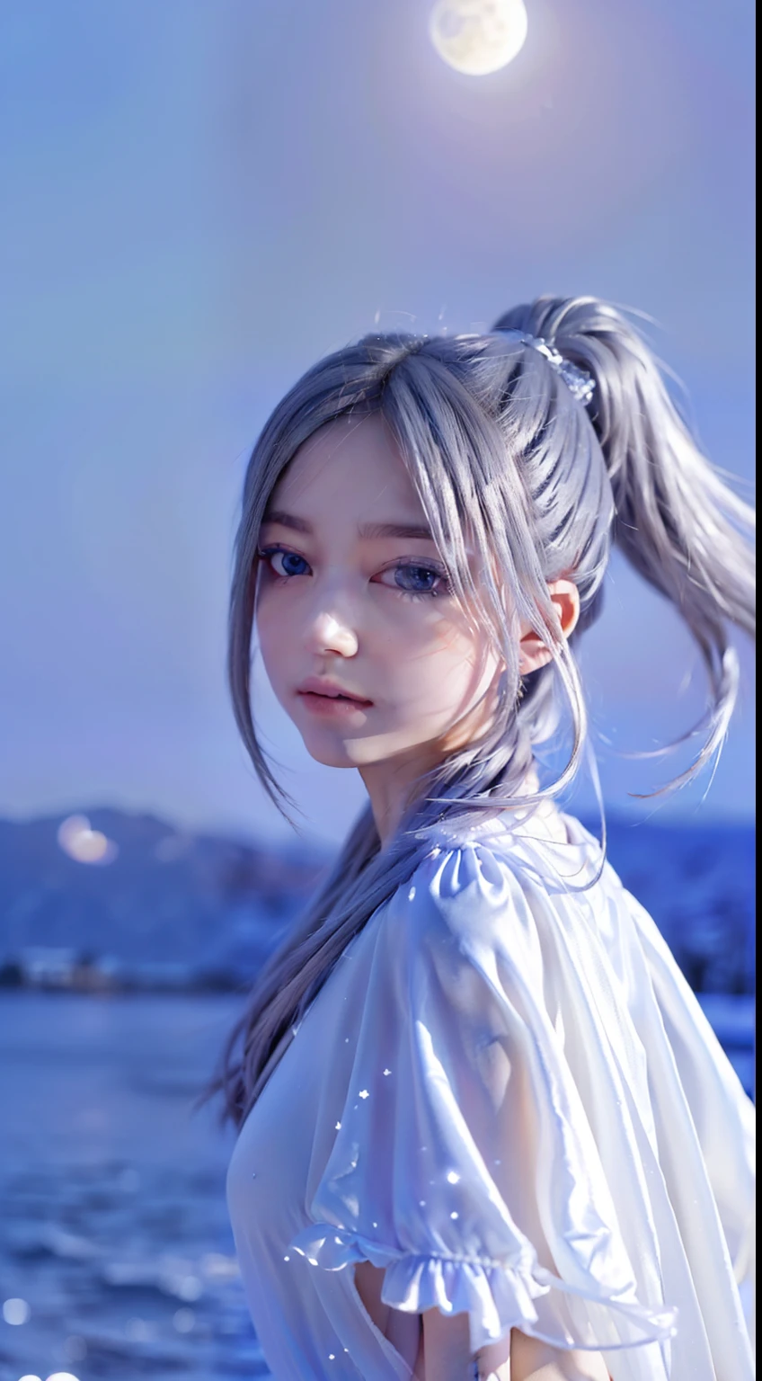 masterpiece, (highest quality:1.2), (super detailed:1.2), figure, (very delicate and beautiful:1.2),cinematic angle,floating, (beautiful and fine eyes:1.1), (detailed light:1.1),cinematic lighting, beautiful and detailed sky, woman, gray hair, blue eyes, (high ponytail:1.1), cloak, shining eyes, (moon:1.2), (moonlight:1.1), starry sky, (lighting particles:1.1), fog, snow painting, sketch, bloom