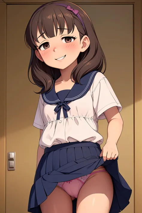 masterpiece, highest quality, confused, perfect anatomy, 1 girl, alone, Mayu Sakuma, (((8-year-old, , Very cute and baby-like face, Very short height ))), (flat chest), cleavage cutout, down blouse, (((crazy smile))), (((blush))), Uneven_eye, (((skirt lift...