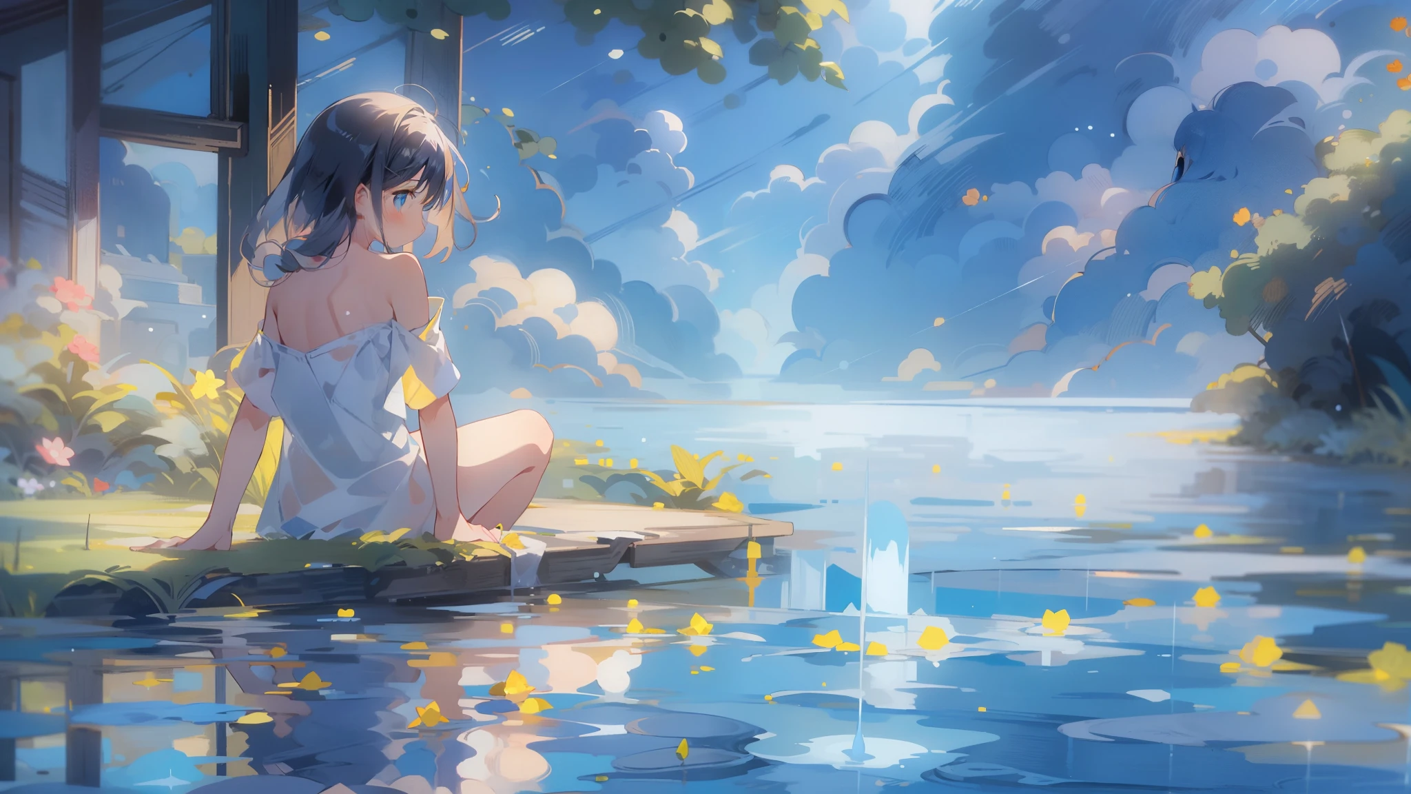 absurd, High resolution, (anime style:1.1), ((table top)), ((highest quality)), (Super detailed), (beautiful), alone, beautiful face、9. blue reflection：Woman sitting by a quiet blue pond，Her reflections blend in with the nature around her。The surface of the water gently ripples，Creates a sense of tranquility and clarity。12 years old、(Completely naked:1.4)