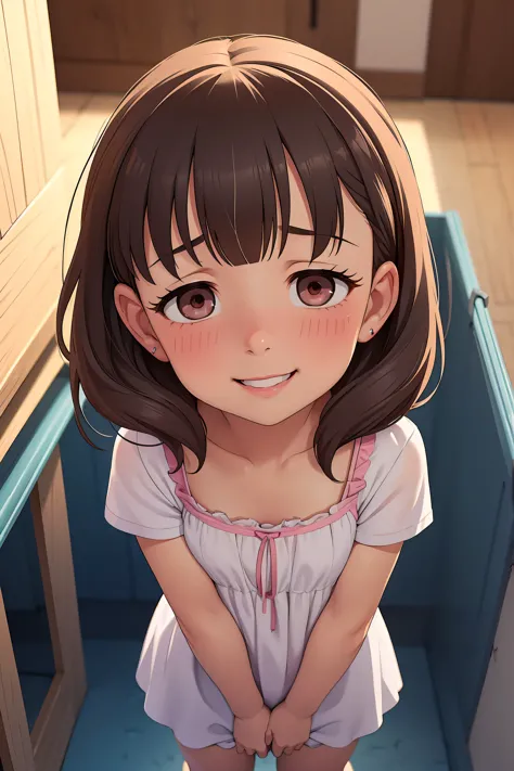 masterpiece, highest quality, confused, perfect anatomy, 1 girl, alone, Mayu Sakuma, (((8-year-old, , Very cute and baby-like face, Very short height ))), (flat chest), cleavage cutout, down blouse, (((crazy smile))), (((blush))), Uneven_eye, full nude, bi...