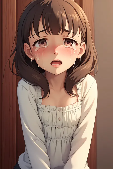 masterpiece, highest quality, confused, perfect anatomy, 1 girl, alone, Mayu Sakuma, (flat chest), cleavage cutout, (((tears))), (((open your mouth))), (((blush))),