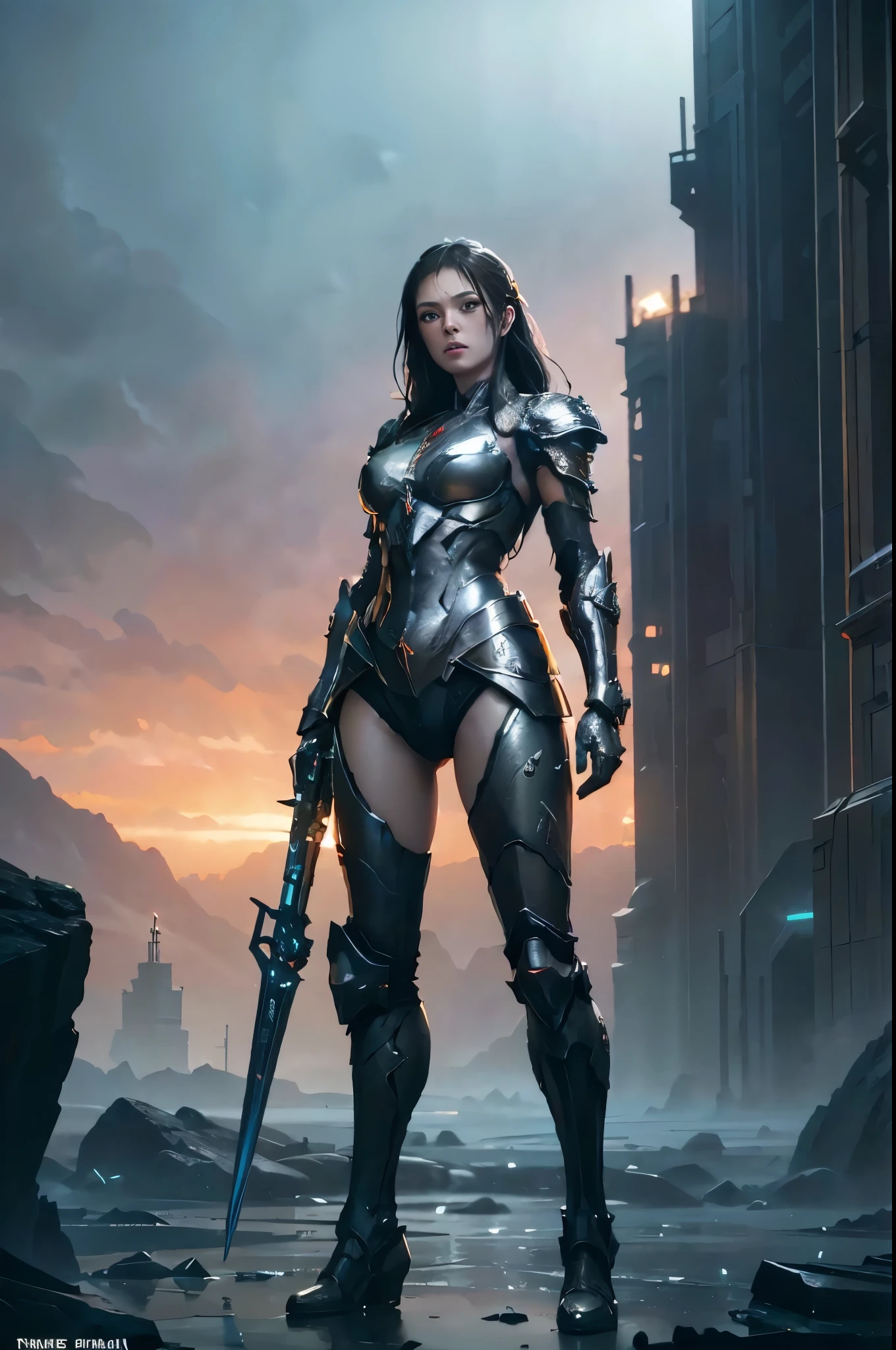 a woman in armor stands in the rain, Epic fantasy in the style of digital art, Epic fantasy sci-fi illustration, Karol Buck, contract, cyborg girl, cyberpunk evil gorgeous goddess, красивая cyborg girl, cyborg - girl, 4k fantasy art, epic sci-fi fantasy art, Epic sci-fi character art, epic fantasy portrait, fantasy art behance, Wojtek fus