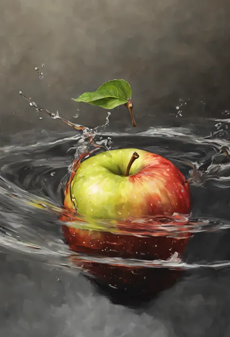 ma apple sitting on top of the water on the right side, fundo escuro lado esquerdo, pintura digital hiper realista, hiper-realis...