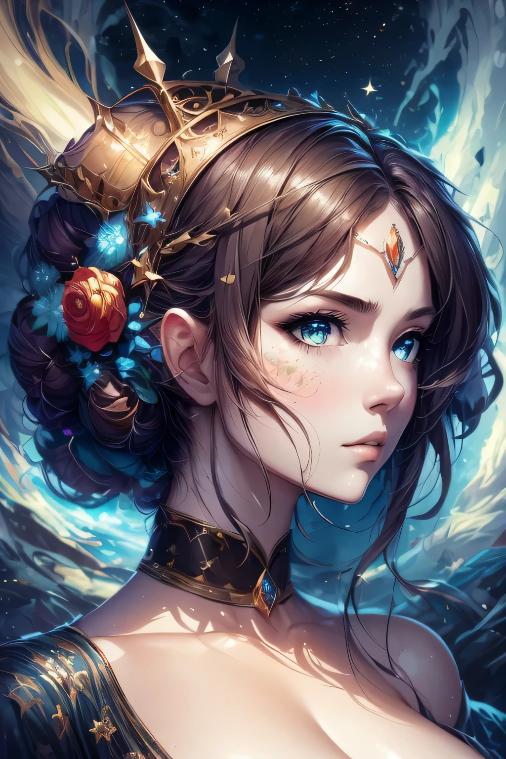 (best quality,4k,highres,masterpiece:1.2),ultra-detailed,realistic:1.37,portrait,woman with a detailed face,big breasts,dark hair,dressed in a dress,full body,detailed eyes,long eyelashes,dark colors,dark hair twisted in a bun,fierce expression,fighting in space,the woman is wearing a crown on her head,vibrant colors depicting the cosmic background