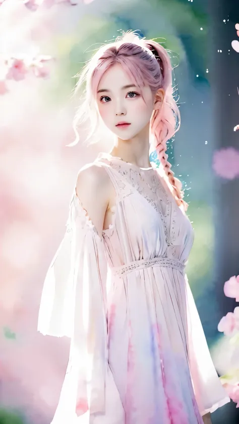 (((blurred background、Watercolor style background)))、one girl、１６talent、anatomy、pale pink eyes、Loosely braided low ponytail、light...