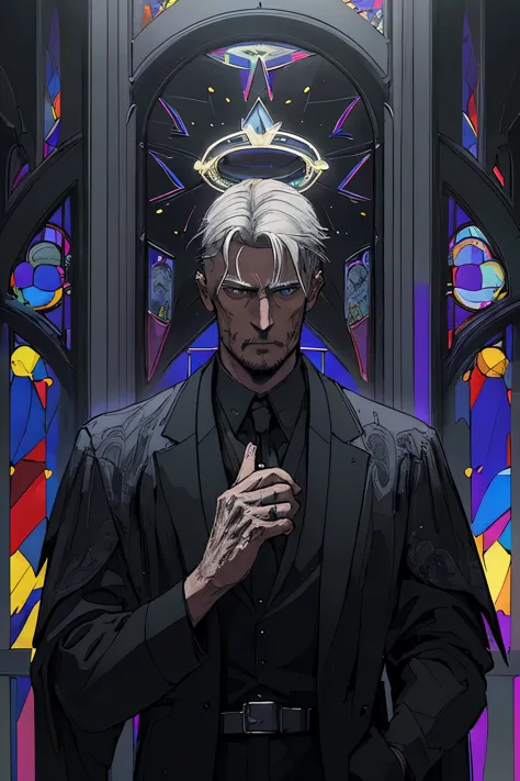 man in black_suit, collar, halo, gray_haired, portrait, sophisticated, temple indoors, decorations, stained glass windows, night...