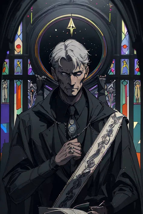 man in black_suit, collar, halo, gray_haired, portrait, sophisticated, temple indoors, decorations, stained glass windows, night...