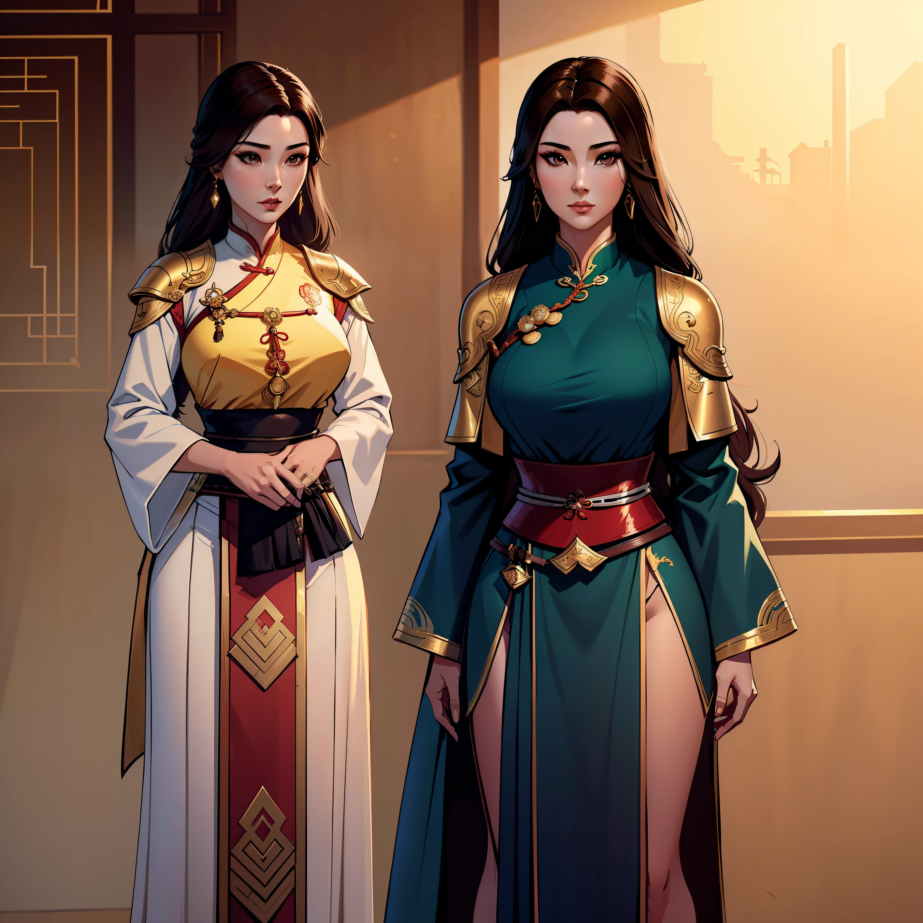 a close up of a woman in her 30's, with brown eyes eyes and brown hair, wearing a green and black ball gown dress, a heroine with brown eyes, martial artist holding a longbow, standing in a chinese monastary, new costume concept design, in the style of blade and soul, full body character concept, detailed character design, inspired by Yang Jin, inspired by Li Mei-Shu, chinese costume, inspired by Lan Ying, inspired by Sim Sa-Jeong, inspired by Li Tang, lunar themed attire, costume with blue accents, inspired by Ju Lian, colored concept art, highly detailed character design, highly detailed face, inspired by Ai Xuan, very highly detailed face, unreal engine render, final fantasy 14 style, inspired by Leng Mei