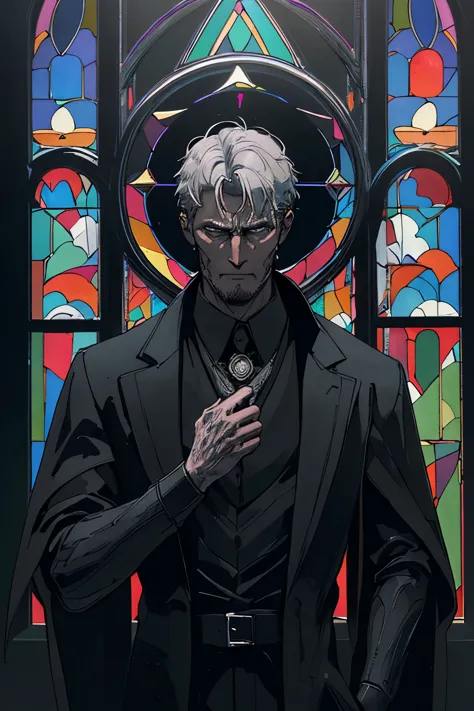 man in black_suit, collar, halo, gray_haired, portrait, sophisticated, temple indoors, decorations, stained glass windows, night...