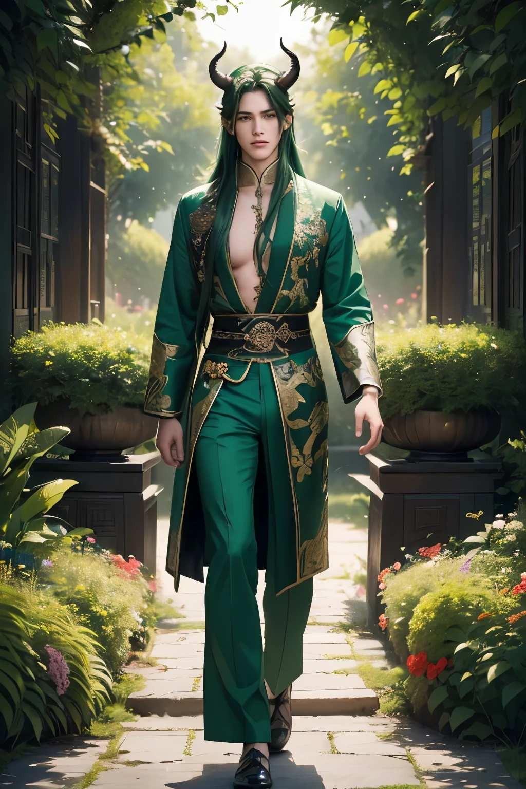 ((Лучшее качество)), ((шедевр)), (подробный), ((идеальное лицо)), ((Полутела)) идеальные пропорции, Он красивый мужчина с длинными зелеными волосами., Ему 18 лет, у него есть рога, он носит китайскую одежду с открытой грудью, он чувственный, он на фоне цветов, он элегантно гуляет по саду ((идеально сделать)) все тело+