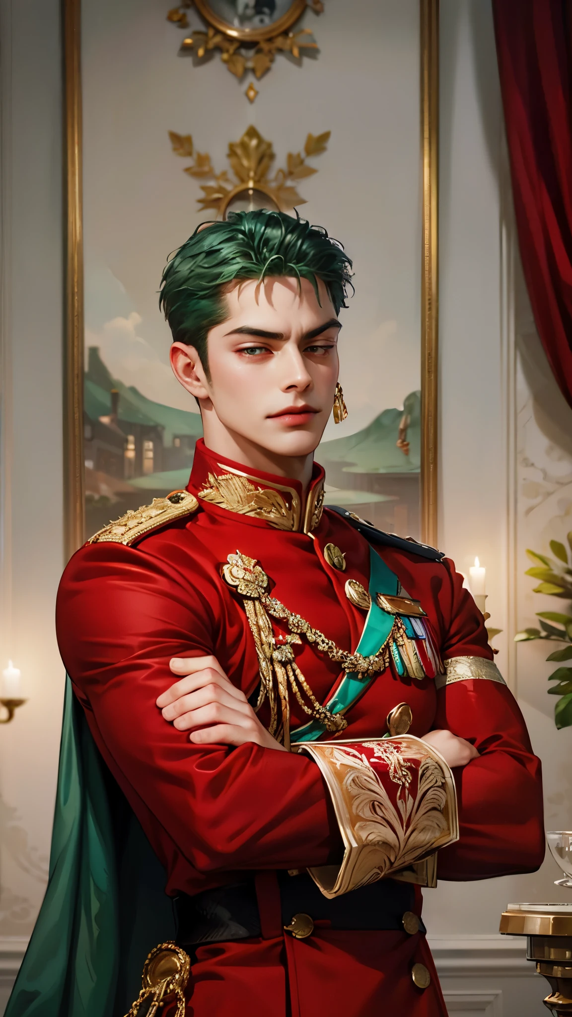 Handsome, 1 man, alone, red military uniform, red uniform, royal guard, red royal guard, tanned skin, muscular, big muscles, smirk, green hair, arms crossed