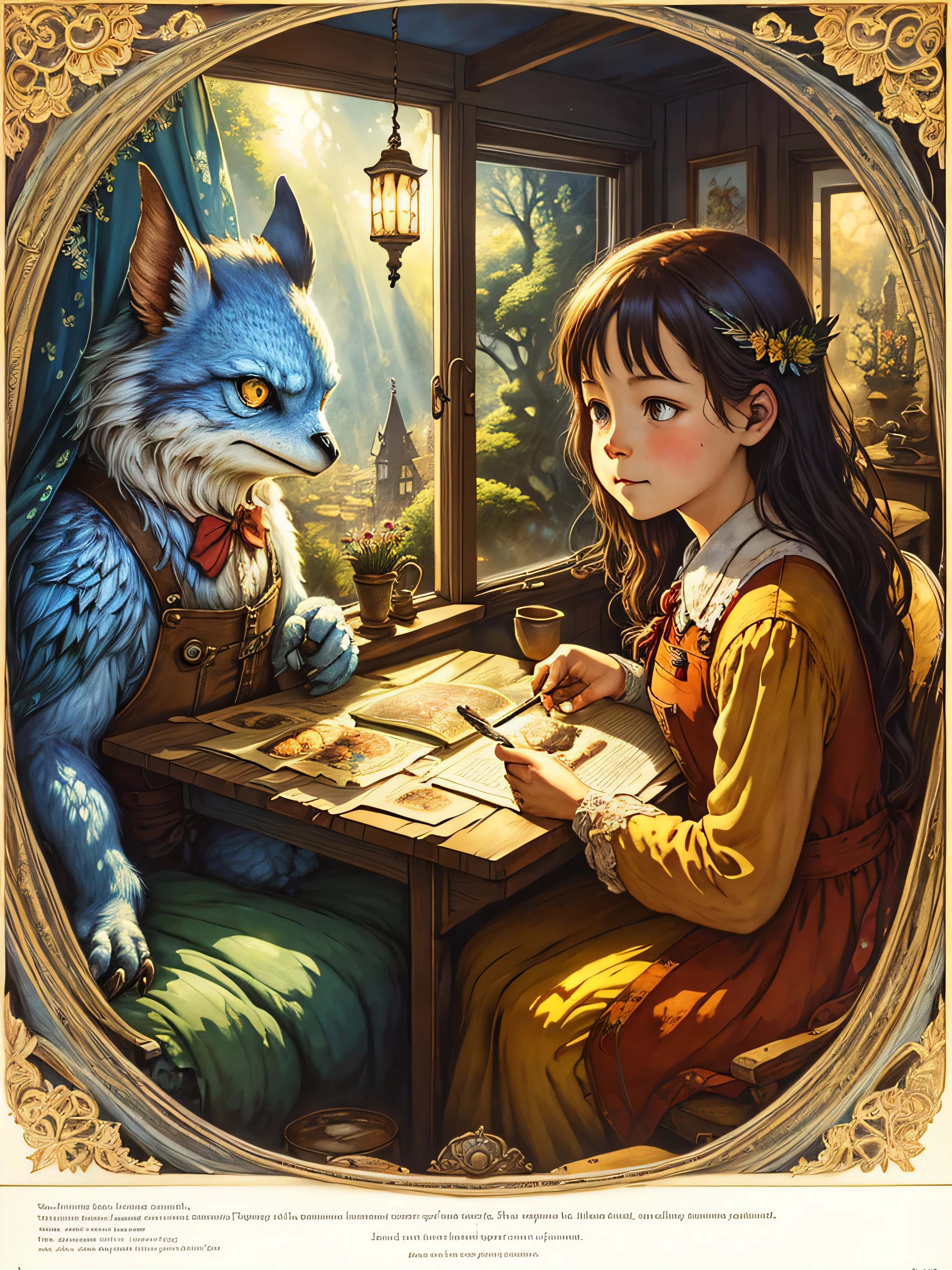 arte de Esao Andrews, Parede Josefina, Charlie Bowater, Mandy Disher Miyazaki mundos, sonhadores, romântico, arte mangá , conto de fadas, , Pintura a tinta, , paisagem detalhada , jogo de sombras, pôster dinâmico, feche o monstro emplumado Yokai fazendo café da manhã na cozinha, raios de sol, Brilhante, texturas detalhadas,bonitinho, adorável, vintage, arte em um papel rachado, conto de fadas, colcha de retalhos, , ilustração detalhada do livro de histórias, cinematic, ultra altamente detalhado, pequenos detalhes, Belos detalhes, místico, luminismo, cores vibrantes, fundo complexo, 