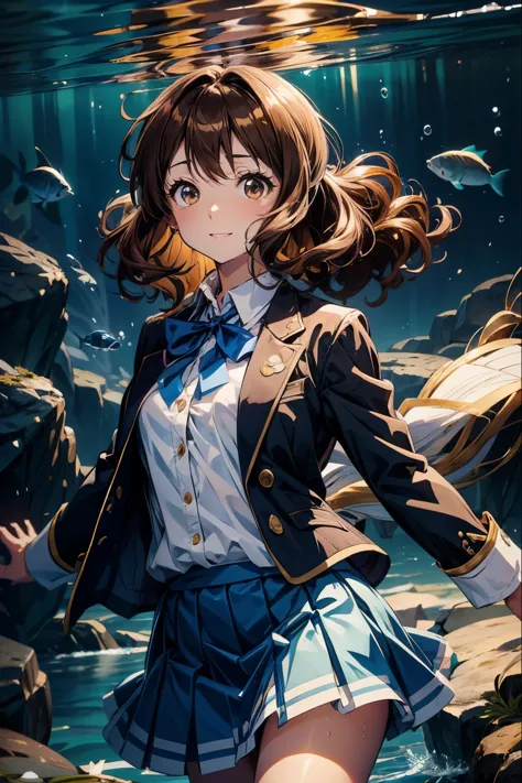 anime girl with brown hair and brown eyes on underwater background, overall、laughter、underwater hair physics,air bubbles,light c...