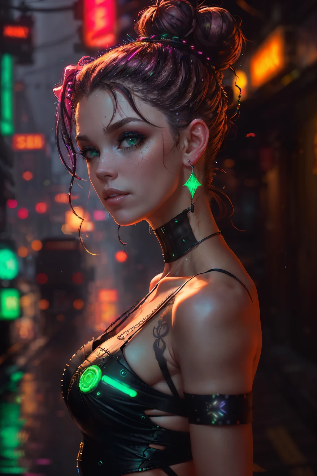 Half-body portraits of a mid-age, caucasian mature woman, her hair elegantly tied up in a bun. Large earrings, adorned with intricate designs, grace her ears. She wears a sleek, form-fitting black top, the material lightly clinging to her figure. A light sprinkling of water drops delicately beads on her skin, reflecting the neon-infused digitalism of the tattered yet radiant cyberpunk future street. The scene unfolds at night, the atmosphere heavy with anticipation and wonder. The air is thick with fog, and the emerald greenery of the surrounding foliage shines brightly in