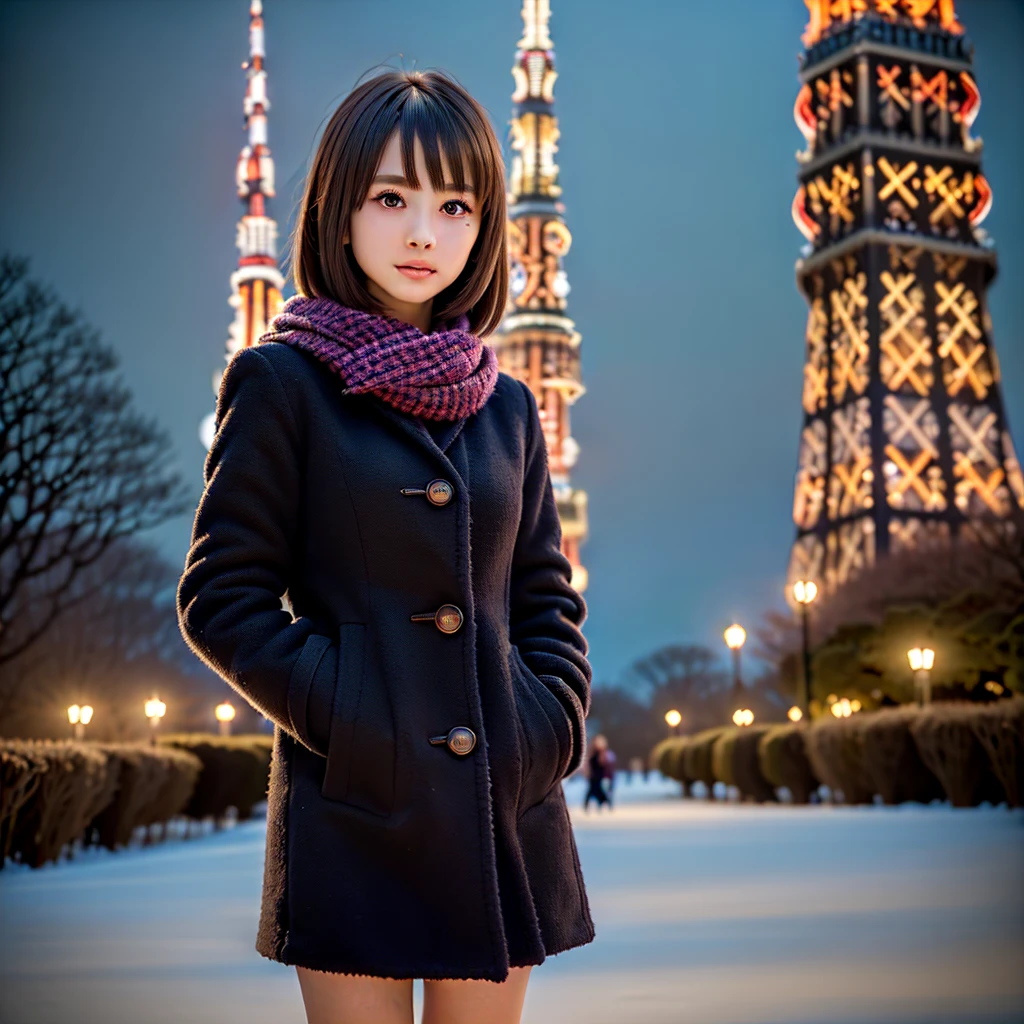 (Close up portrait of one girl with coat with scarf in winter uniform:1.5), (8k, RAW photo, best quality, masterpiece), (realistic, photo-realistic), ultra-detailed, high quality, professional lighting, physically-based rendering photo of 18 years woman, (1girl:1.3), (Japanese idol:1.3), (kawaii:1.3), (cute face:1.3), (Blazer ,School uniform), (short hair, dark brown hair), (high detailed skin:1.2), (ultra delicate face, ultra Beautiful fece, ultra delicate black eyes, ultra detailed nose, ultra detailed mouth), (Walking along a (extremely background is the tokyo tower in the park at night:1.5)), full body shot