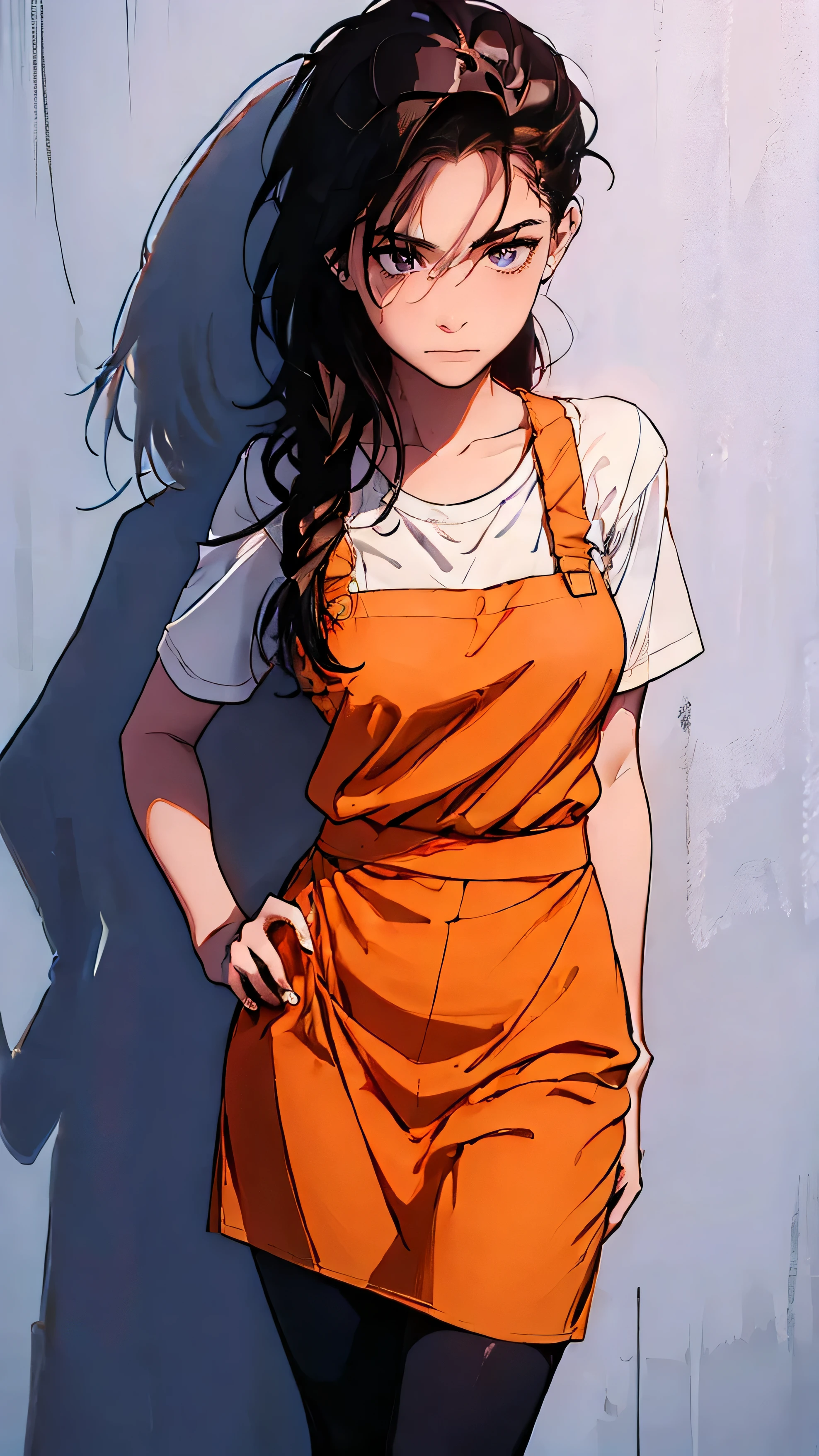 Create a full-body portrait of a woman with long brown hair, Put one hand on your hip、Stand with your other hand on your thigh. She was wearing a light blue shirt with the sleeves rolled up.、You should be wearing a bright orange bib apron over it.. Includes dark blue leggings and red ballet shoes. Render your illustrations in a realistic style, Highlight details such as fabric texture, natural shading, and the apron drape. Women must have a confident pose and expression, with white background.