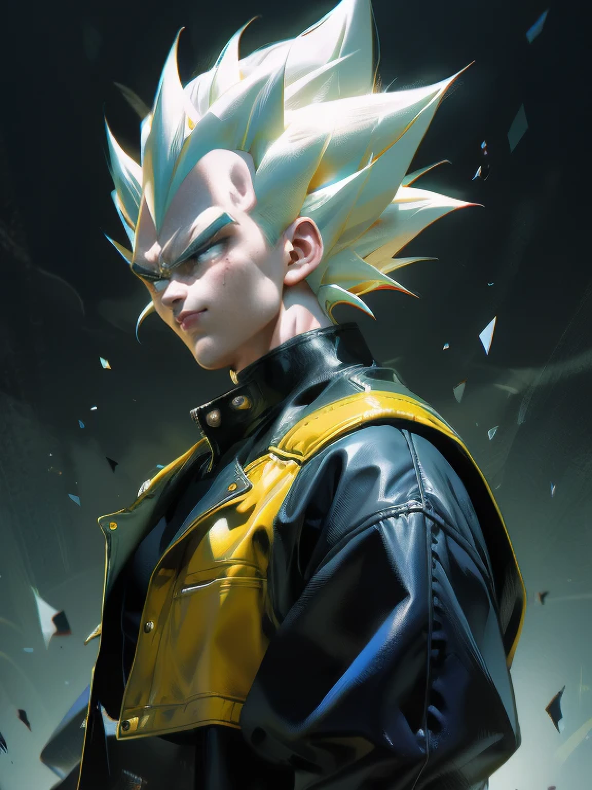 1man, solo, (masterpiece), best quality, ultra-detailed, Vegeta from Dragon Ball Z, super saiyan hair, Retro style, full body. fashion cloth, jean jacket, fancy, portrait, face detail, eyes detail, simple background, sakichiman
