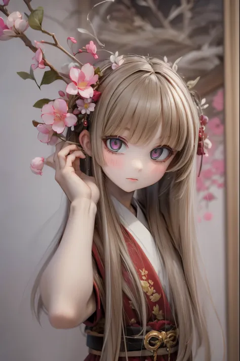 Doll standing in front of the painting, blonde, angry face, Sengai, pixiv, rococo, dolfie dream, watercolor Nendoroid, (high definition figure), flowing cherry colored silk, nendroid, highly_detailed!!, cherry blossom petals, flowing cherry blossom silk, s...
