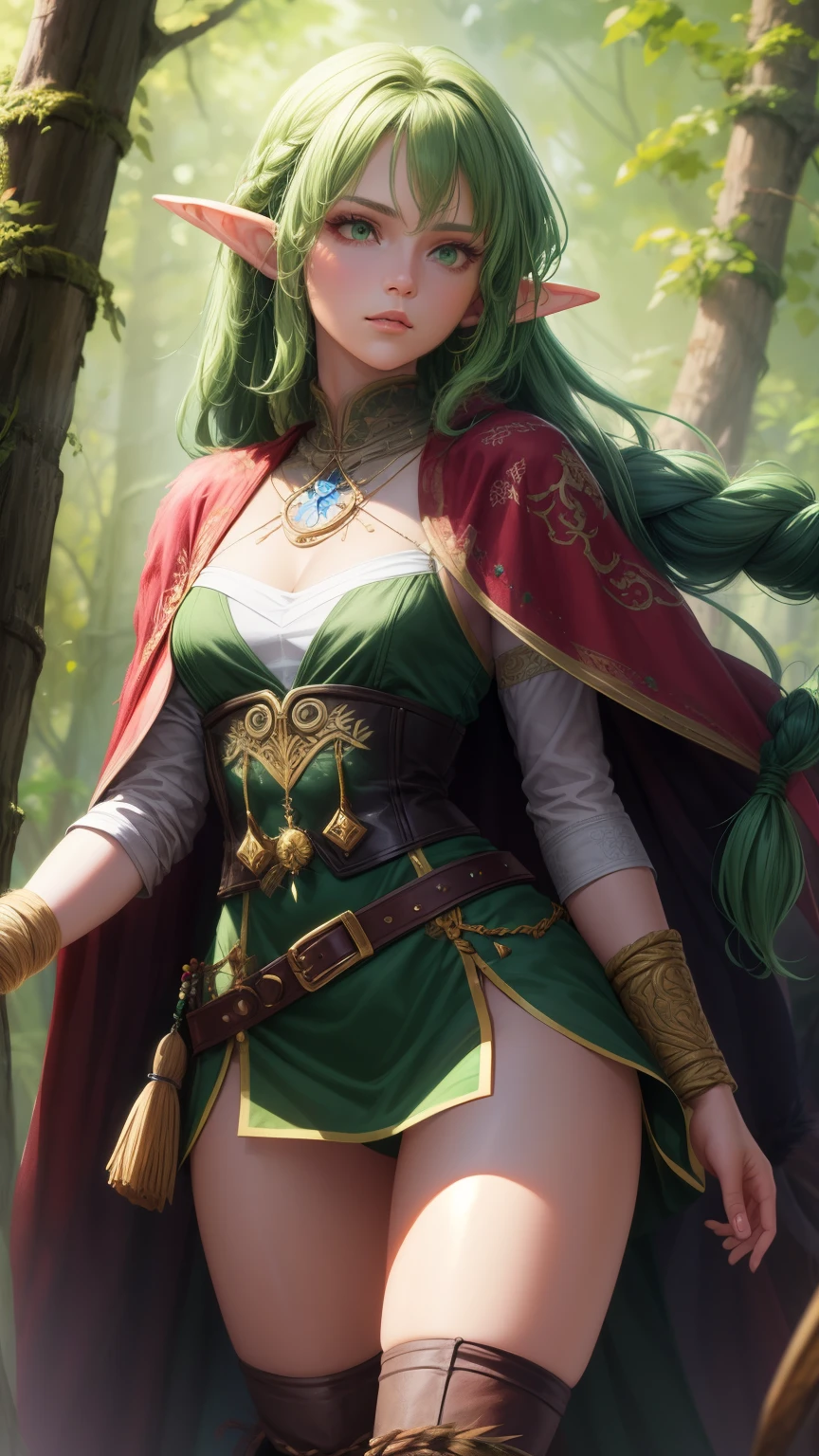 (masterpiece, Digital Art, Digital Illustration, 4K, 8K, Ultra-detailed, beautiful image, Sharp Image, Photorealistic, Raw photo, Perfect face, Perfect lines, Perfect eyes, Soft lighting), (((solo))), ultra detail, RPG, Dungeons&Dragons, medieval, fantasy, (a female elven wearing resonating with the primal essence of nature and predominantly adorned in rich green tones. Envision a cloak fashioned from torn, weathered fabric, woven intricately with verdant strands of moss and trimmed with rugged animal pelts, embodying the raw vitality of the wilderness. Beneath, a tunic crafted from tattered green fabric, frayed at the edges and adorned with patches of fur and feathers, evoking the untamed spirit of the forest. Cinched at the waist with a belt of braided leather, embellished with beads and small animal bones, symbolizing the druid's deep connection with the earth and its creatures. Their trousers, fashioned from rough-hewn green fabric, are accented with bands of fur and intricate embroidery, reflecting the harmony between druid and nature. Completing the ensemble, boots crafted from supple leather, laced with sinew and adorned with feathers and beads, grounding them firmly in the untamed realm they protect and cherish , revealing), accessories made of leaves, (((she have a green long hair and green eyes with a attractive body, medium breasts and thick thighs))