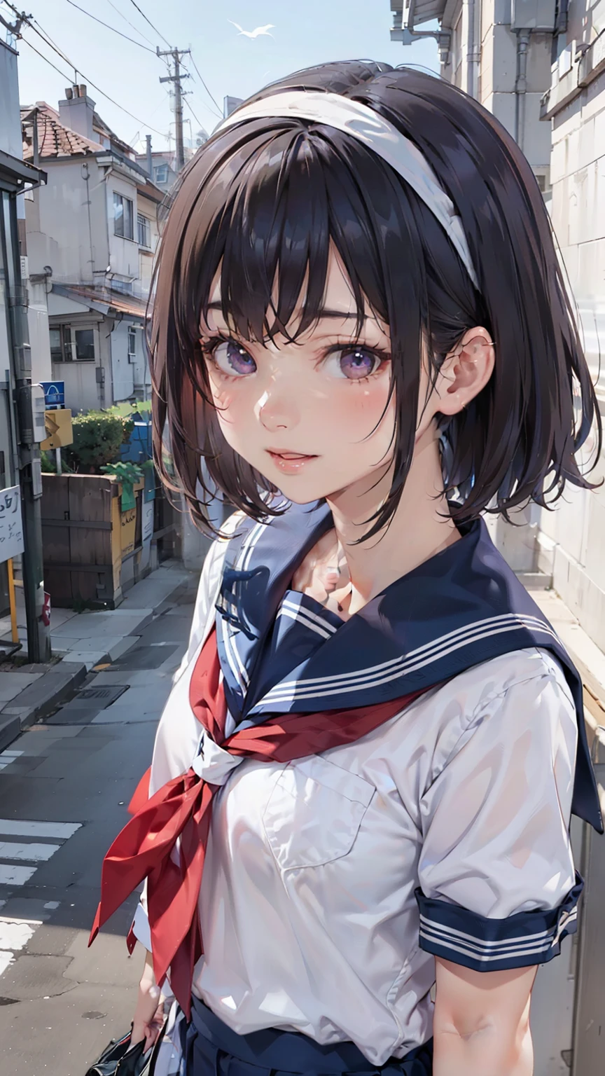 sailor suit, one woman, (a beauty woman, delicate :1.3), 8K, highest quality, masterpiece, Super detailed, ultra high resolution, realistic, RAW photo, absolute resolution, black hair, bob cut, small face compared to body, very small face, black hair, navy blue sailor uniform, Dark blue skirt, High school girl in sailor suit, Anime 2D rendering, realistic若いアニメの女子高生, , ((white headband)), (white headband), small breasts, tall, slanted eyes, purple eyes, (school scenery), black stockings, bright color, open your mouth, smile,