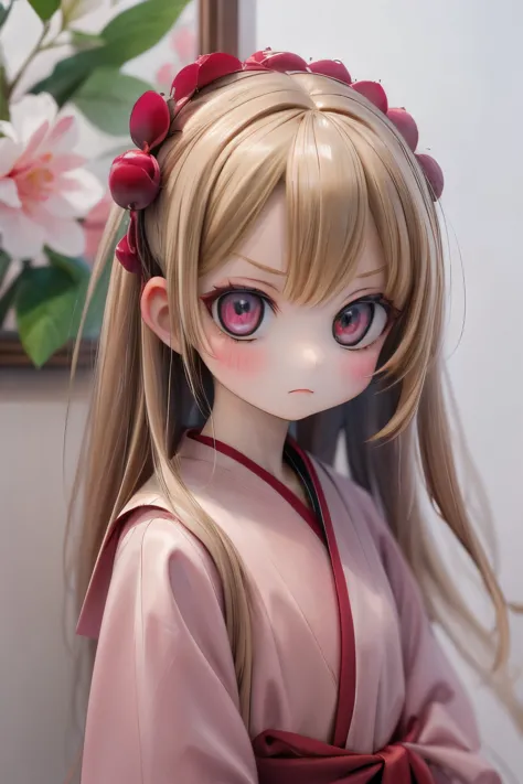 Doll standing in front of the painting, blonde, angry face, Sengai, pixiv, rococo, dolfie dream, watercolor Nendoroid, (high definition figure), flowing cherry colored silk, nendroid, highly_detailed!!, cherry blossom petals, flowing cherry blossom silk, s...