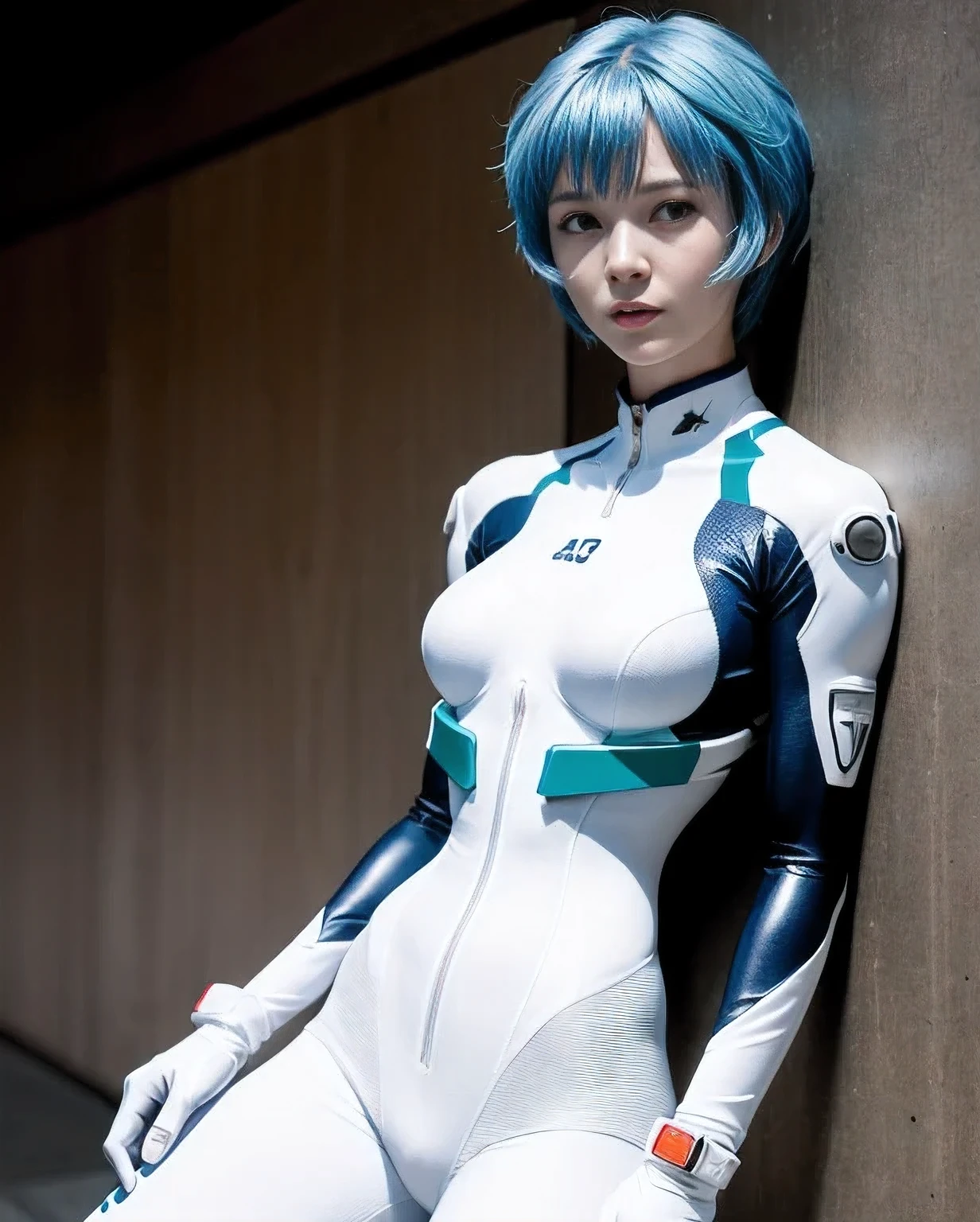 (8K, highest quality, masterpiece:1.2), (realistic, photo-realistic:1.37), Super detailed, 1 girl, ayanamirei, EVA00 plug suit, looking at the viewer, light smile, city,  blue short hair, red eyes, viewers watching, (blue hair), heavy hair, white gloves,