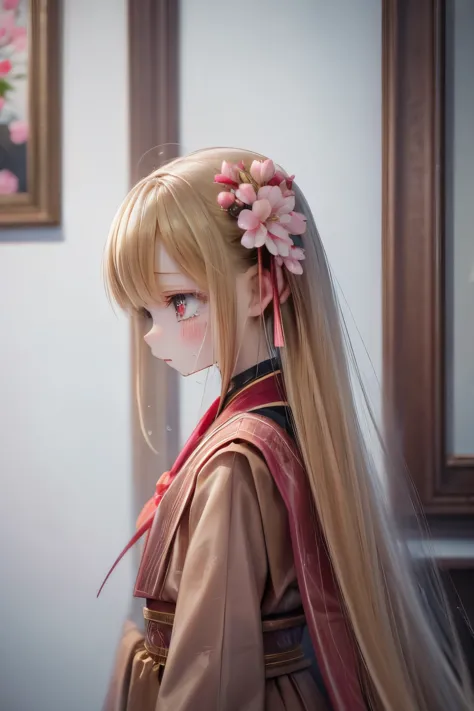 Doll standing in front of the painting、blonde、Face that cried、Thousands of miles away、pixiv、Rococo、dollfie dream、(high definition figures)、Flowing cherry colored silk、cherry blossom petals、Flowing cherry blossom silk、Taken from the side、Bokeh effect strong...