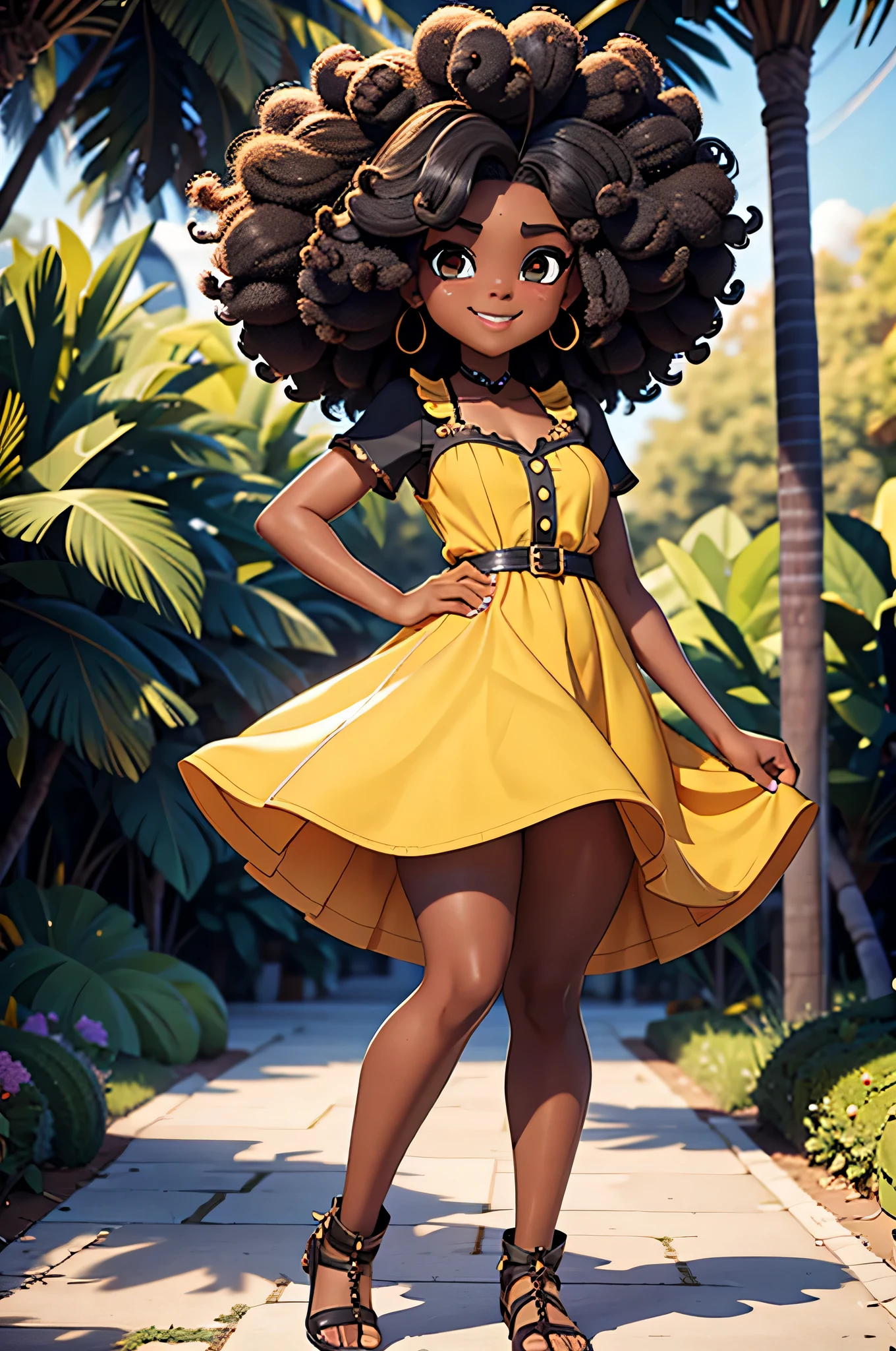 HD, peau foncée, jeune fille, 8 ans, humanoïde, Miel, black cheveux afro, (((cheveux afro))), Jackie Parris, ((((Jackie Parris)))), corps entier cgsociety, art de personnage en 3D, corps complet du personnage, concept détaillé du corps entier, personnage stylisé, érotique, ((jeune fille, 1fille, 8 ans)), ((fond détaillé complexe, parc, dehors)), joufflu, petit, court, , pose d&#39;action, souriant, Porter une robe jaune