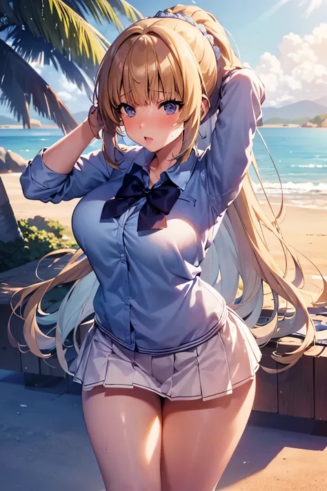 photo of kei karuizawa with large breasts and a huge ass and wearing a bikini doing squats on a beach with sunny weather,  (light skin), (sweating) ,(beautiful scenery),(perfect face), masterpiece, blush, 1girl, solo, smooth anime cg art, (hands behind hea...