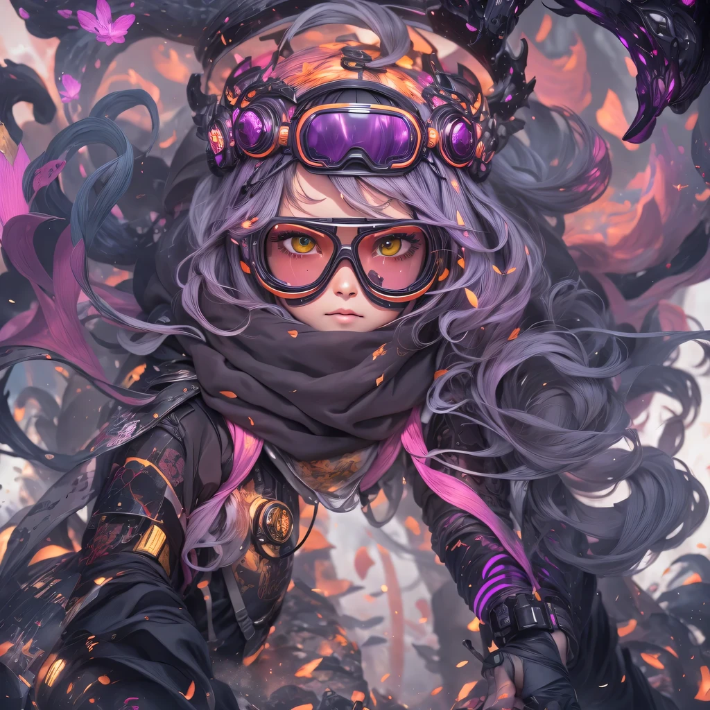 23679 Cyberpunk Year（masterpiece，HD，超HD，32k lotus root starch）Bright purple flowing hair，autumn pond， lotus root starch color， Asian （Michiko）， （silk scarf）， fighting stance， looking at the colorful balloons， Orange gradient long hair， ((Thick frame reflective jade windproof goggles))Floating bright purple， Fire cloud gold headdress， Chinese long-sleeved gold silk garment， （Abstract ink splash：1.2），mars background，lotus（realistically：1.4），bright purple hair，Smoke on the road，The background is very ivory、pure， high resolution， Detailed wind protection goggles， RAW photos lotus root starch， Sharp Re， Nikon D850 film photo by Jefferies Lee 4 Kodak Portra 400 camera F1.6 guns, rich and colorful, Super real、Vivid textures, dramatic lighting, Unreal Engine Art Station Trend, Silicon Nest 800