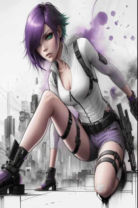 a close up of a woman with vibrant purple hair, jade green eyes, sexy white tank top, short jeans pants, stylish boots. Magnum revolver gun on her waist. city in the background. anime style 4 k, anime cyberpunk art, cyberpunk anime girl, modern cyberpunk a...