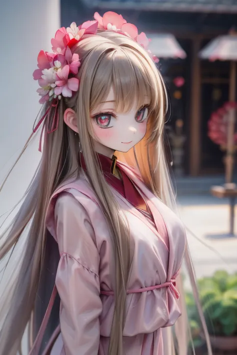 Doll standing in front of the painting、blonde、big smile、Rococo、(high definition figures)、Flowing cherry colored silk、cherry blossom petals、Flowing cherry blossom silk、Bokeh effect strong、season!!: 🌸 ☀ 🍂 ❄