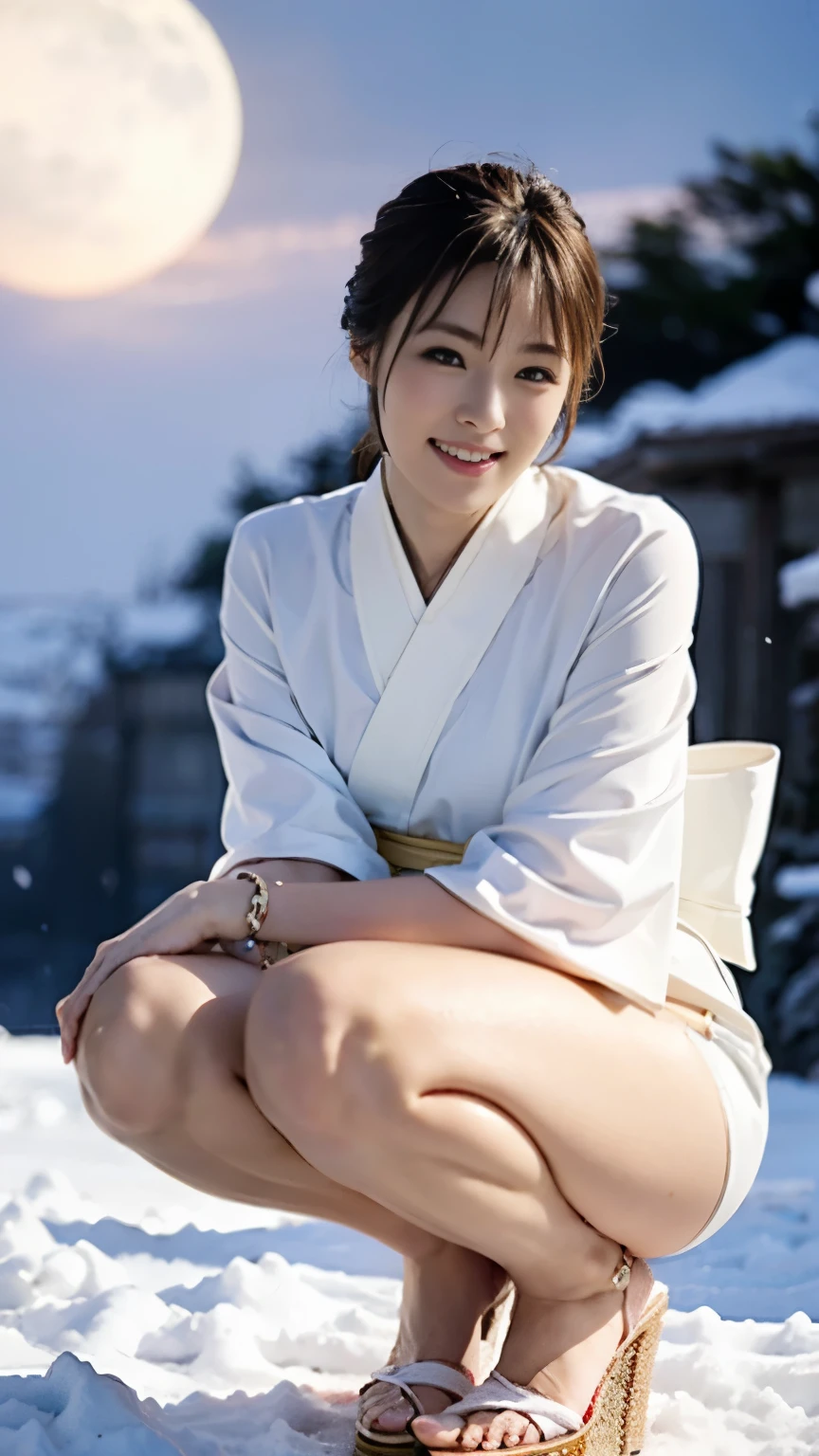 A beautiful woman standing on a snowy mountain at night wearing a pure white thin kimono that shows little skin.,(((In the moonlight of a blizzard, a snow woman looking good in a plain white kimono is squatting down, staring at me.))),Full body shot from a high rear position,best image quality,professional angle of view,Exceptional detail,Super high resolution,realistic:1.4),high detail,focus on details,1girl concentrated in high concentration,long hair,delicate and beautiful face,white small string bikini,Long limbs and slim waist like a model,White Pin Heels,The best smile with raised eyebrows and corners of the mouth,
