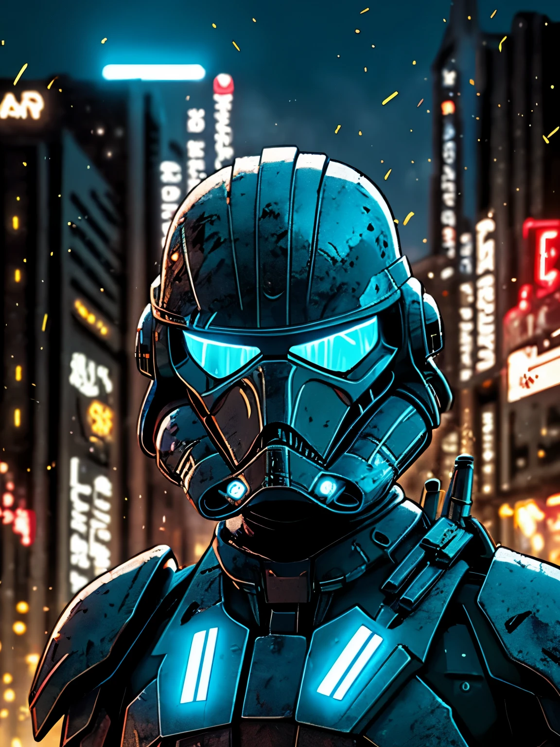 sombrío retrato de Zombie Stormtrooper de Star Wars, extremadamente detallado, paisaje urbano futurista, Noche, luces de neón brillantes, fumar, chispas, virutas de metal, escombros voladores, efectos de energía azul, luz volumétrica